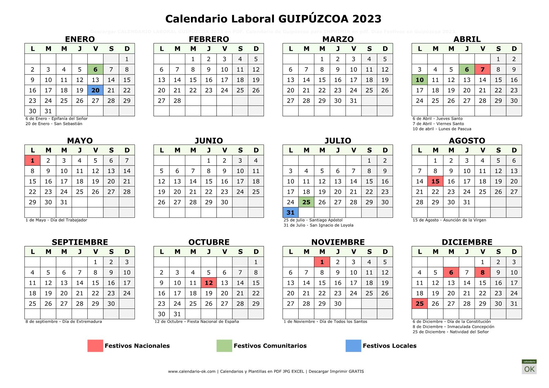 Calendario Laboral Guipúzcoa 2023 horizontal