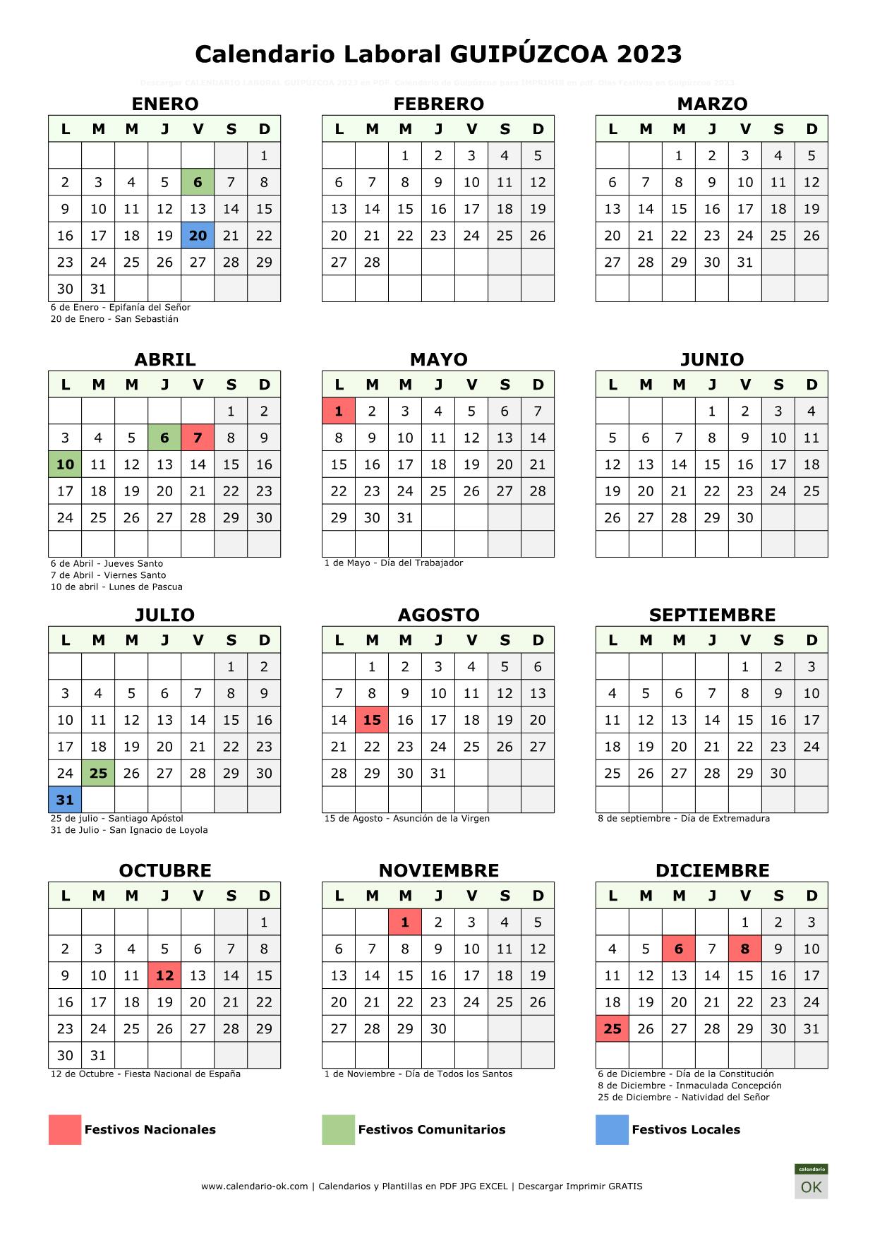 Calendario Laboral Guipúzcoa 2023 vertical