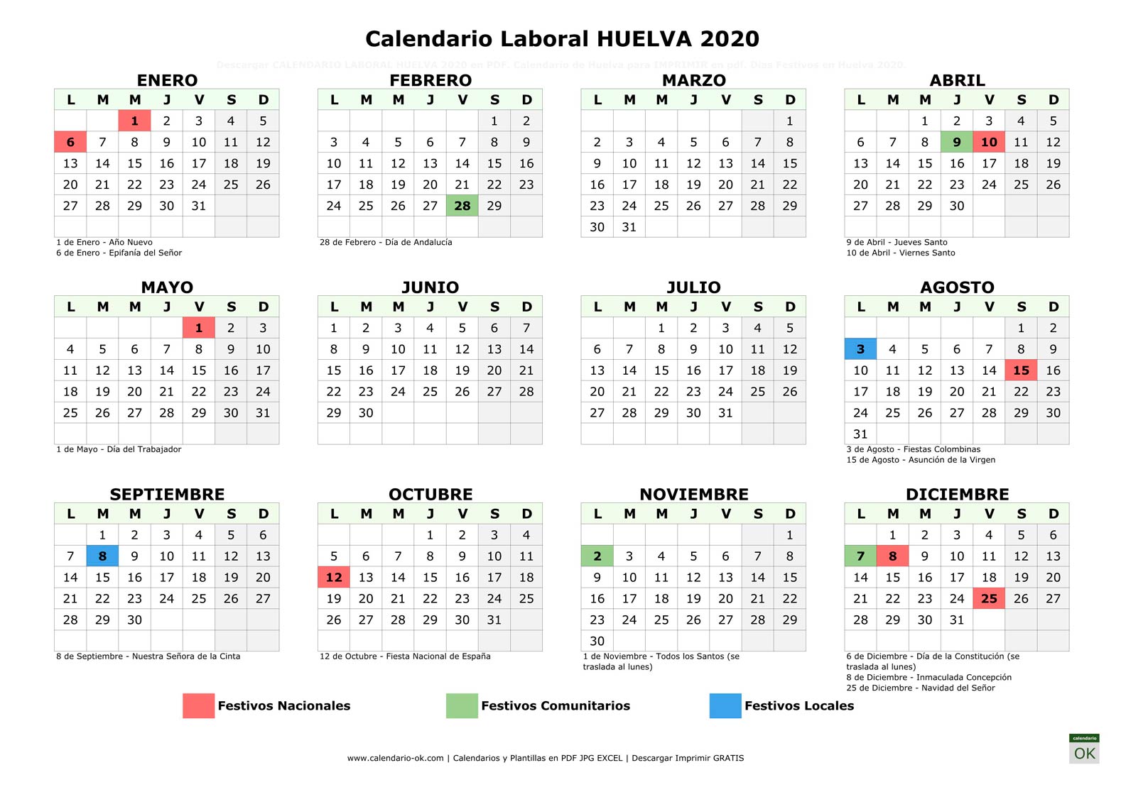 Calendario Laboral HUELVA 2020 horizontal