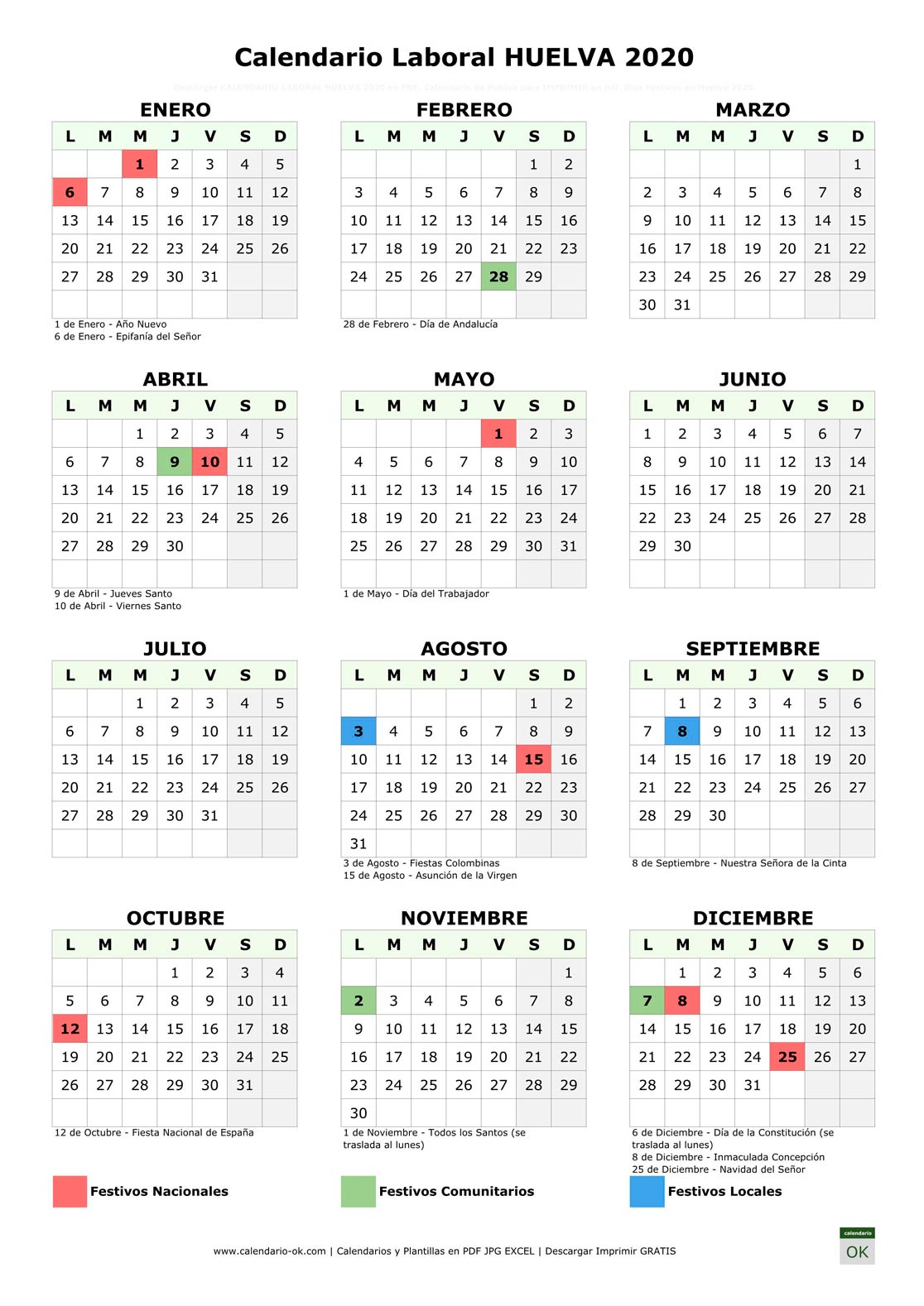Calendario Laboral HUELVA 2020