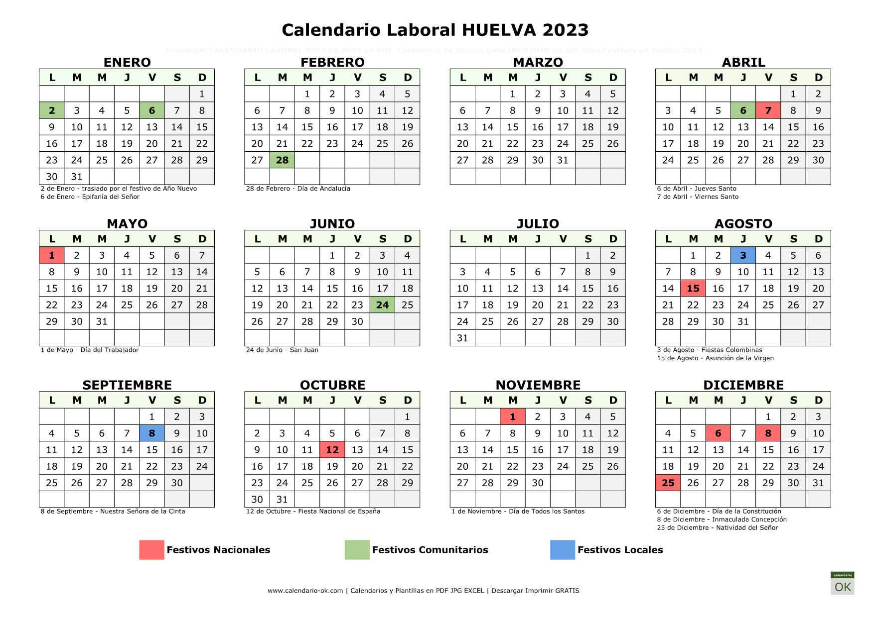 Calendario Laboral Huelva 2023 horizontal