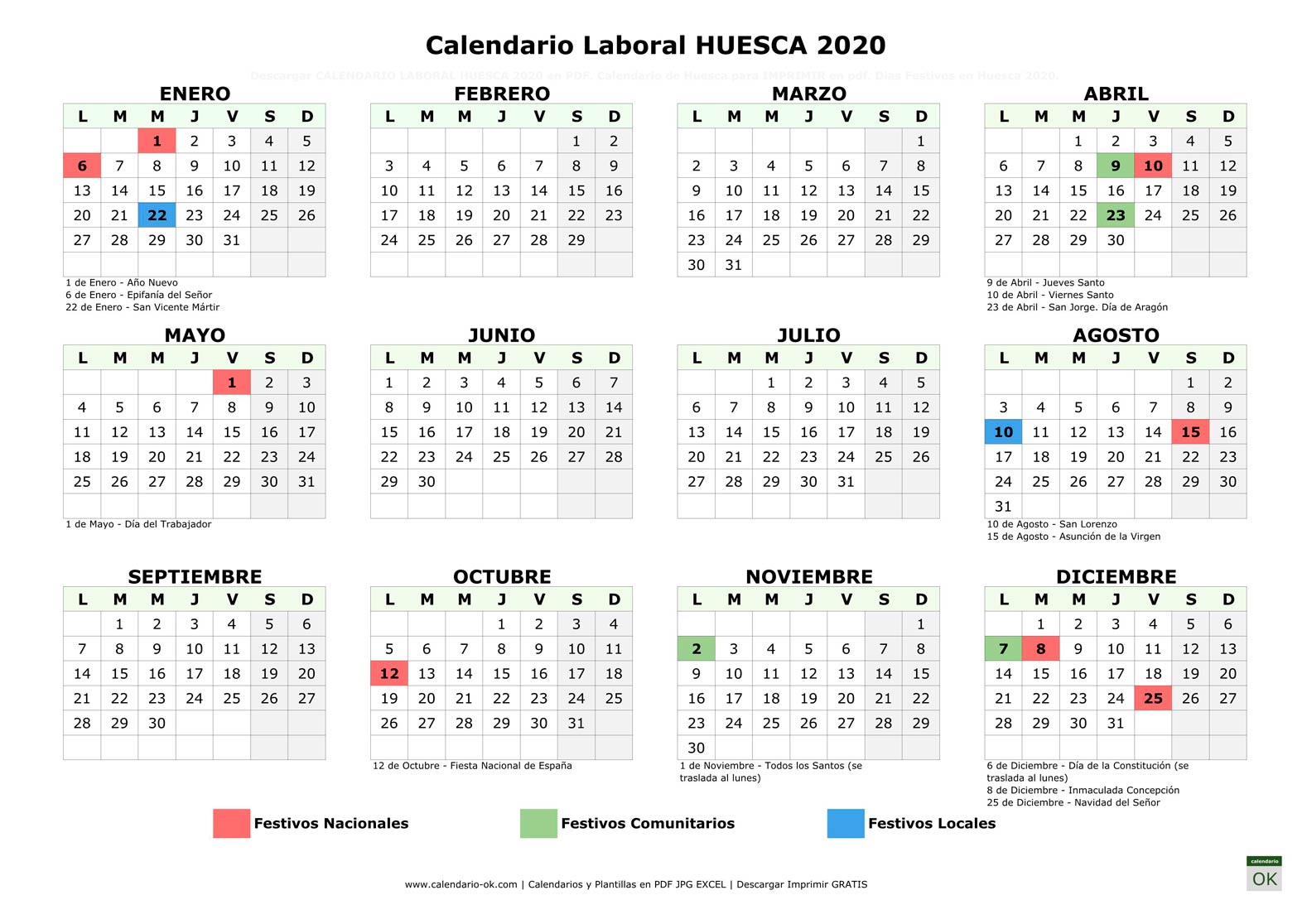 Calendario Laboral HUESCA 2020 horizontal