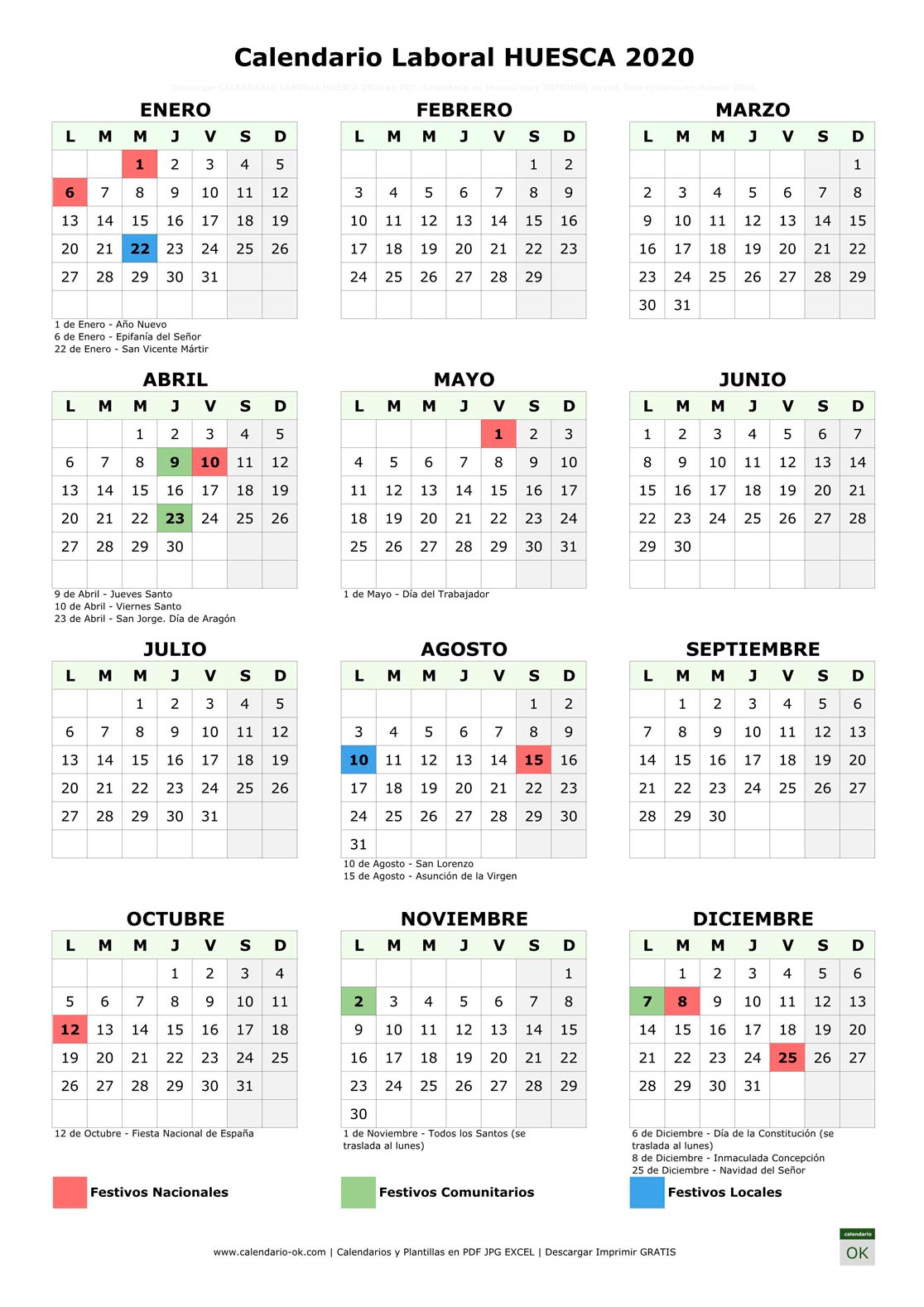 Calendario Laboral HUESCA 2020