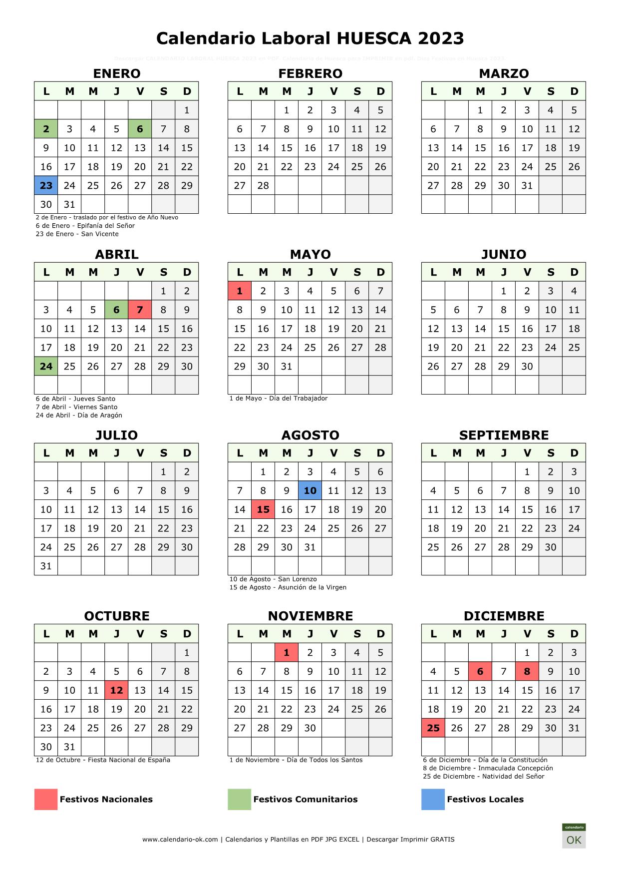 Calendario Laboral Huesca 2023 vertical