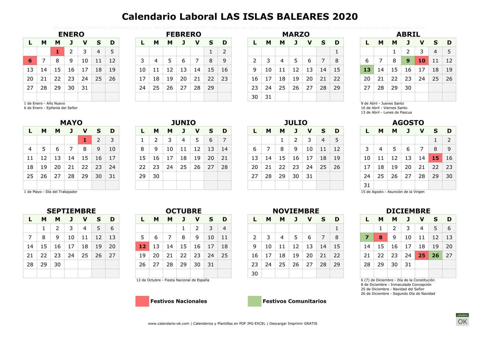 Calendario Laboral ISLAS BALEARES 2020 horizontal
