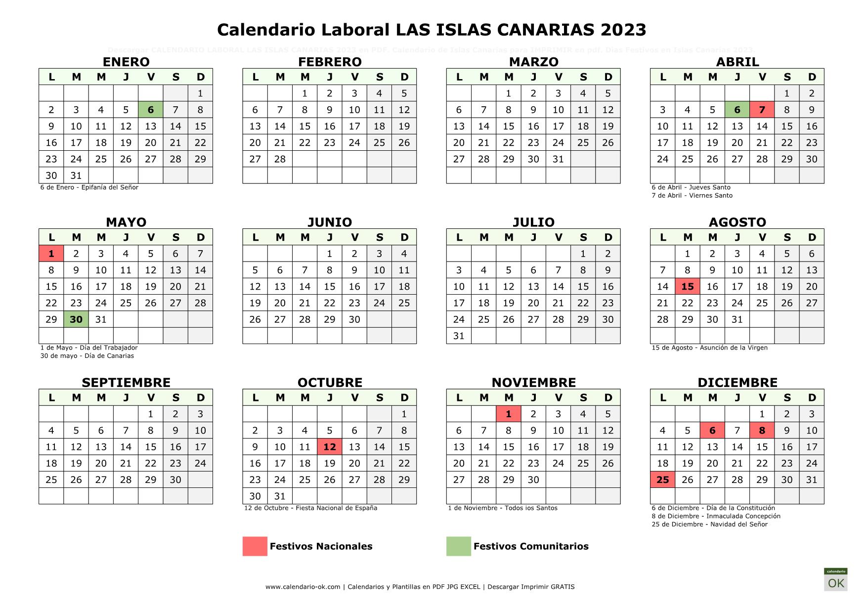 Calendario Laboral ISLAS CANARIAS 2023 horizontal