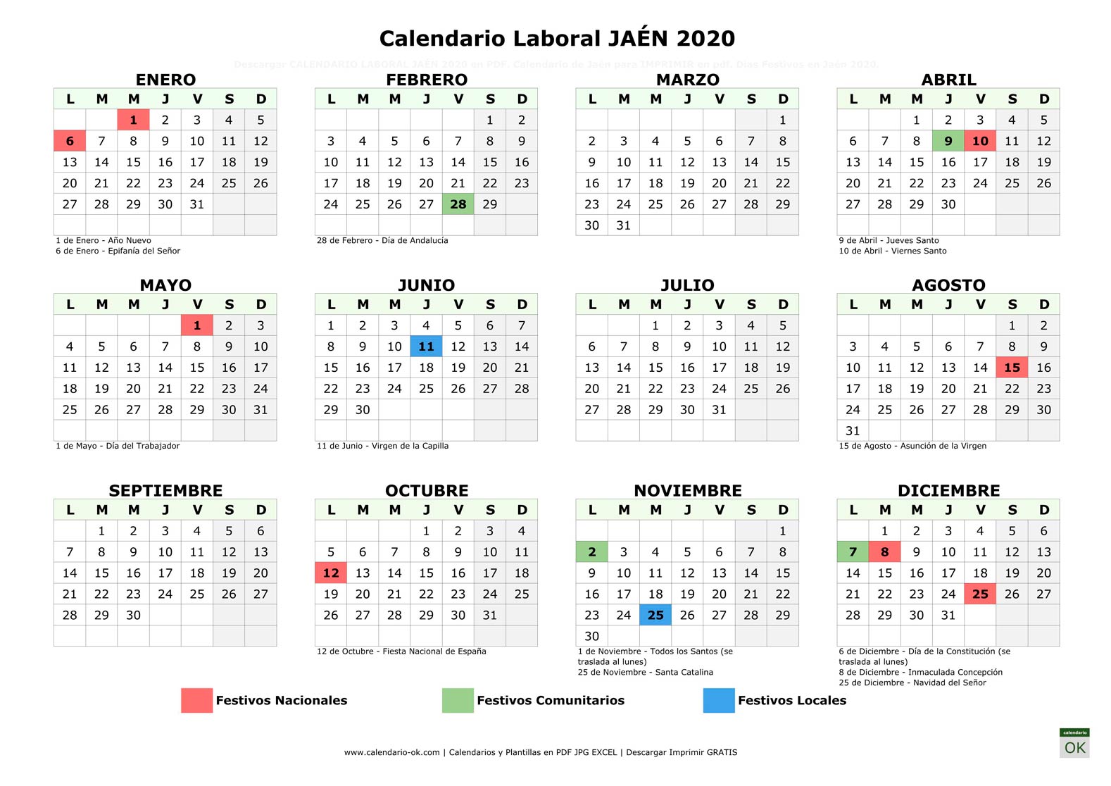 Calendario Laboral JAÉN 2020 horizontal