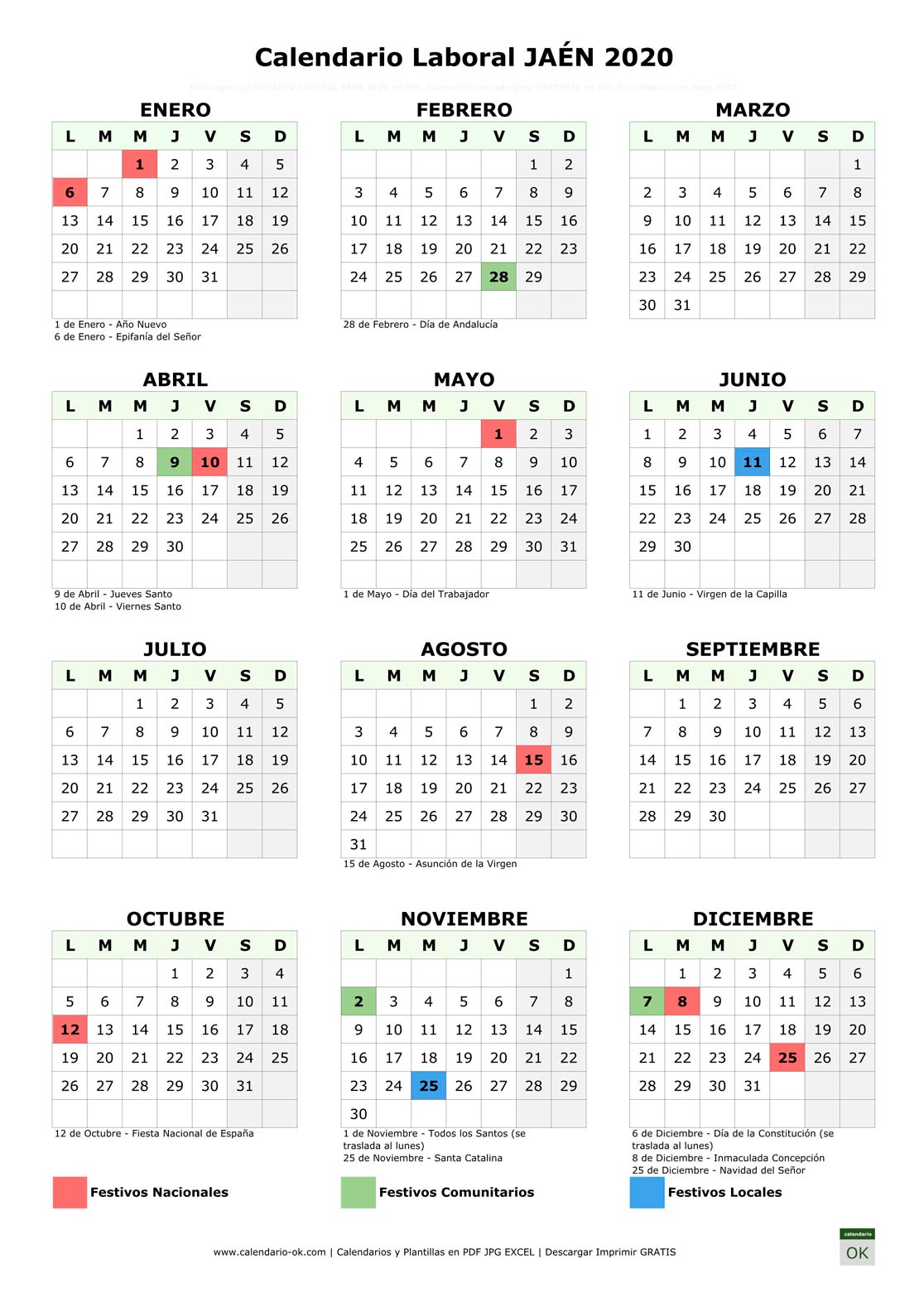 Calendario Laboral JAÉN 2020