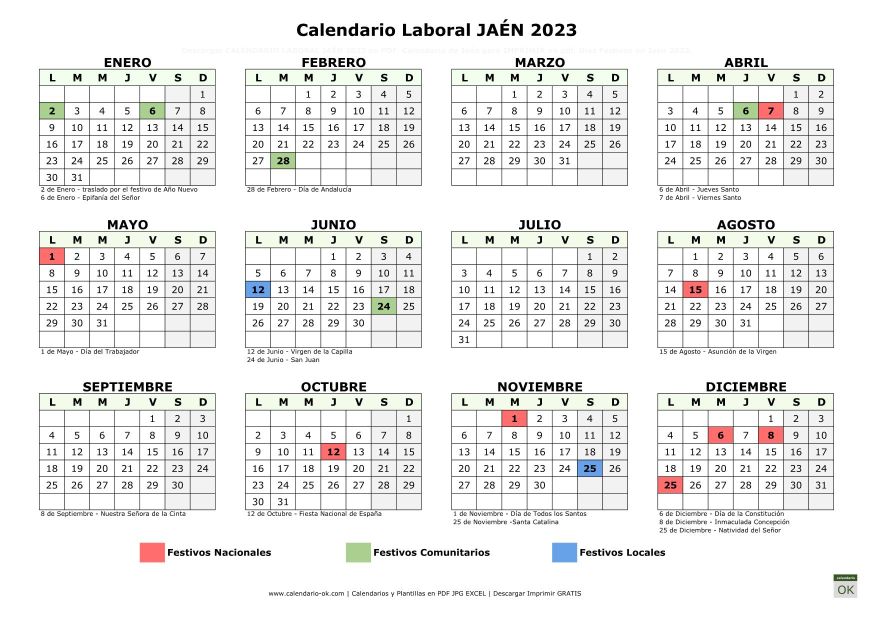Calendario Laboral Jaén 2023 horizontal