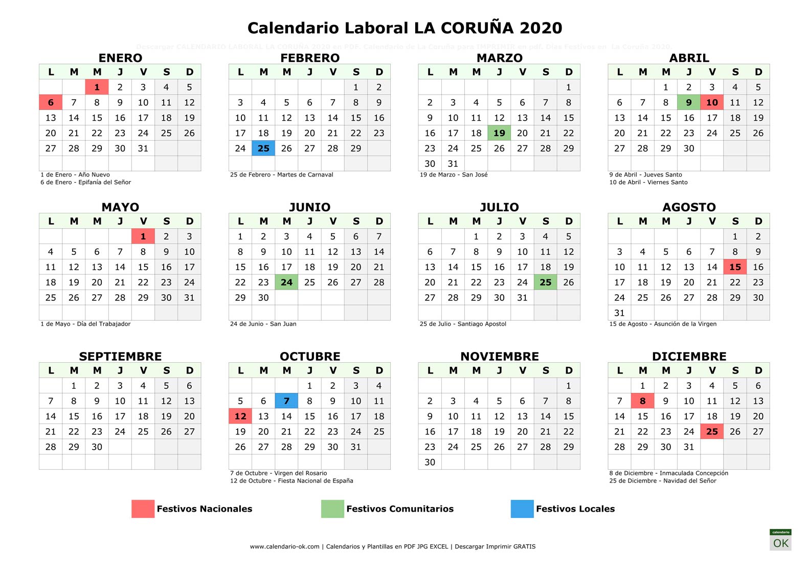Calendario Laboral LA CORUÑA 2020 horizontal