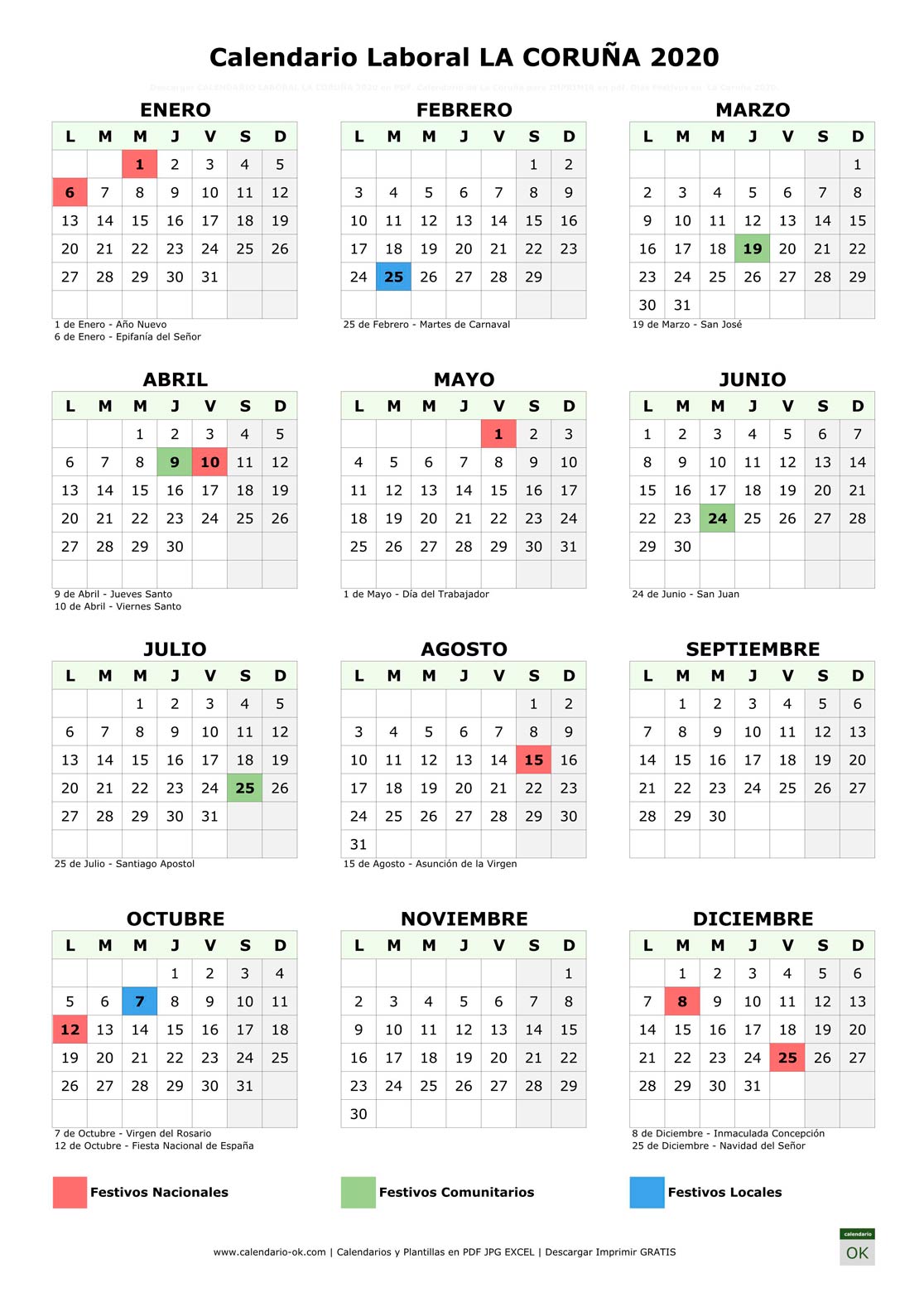 Calendario Laboral LA CORUÑA 2020