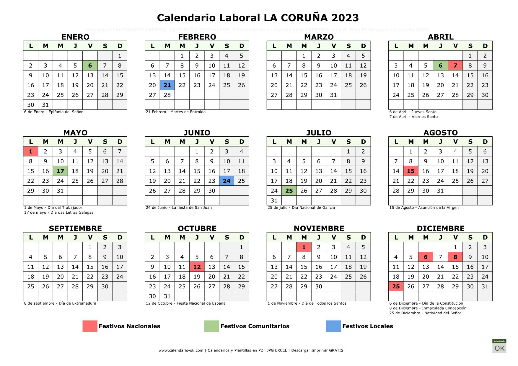 Calendario 2023 A Coruña ▷ Calendario Laboral LA CORUÑA 2023 con Festivos