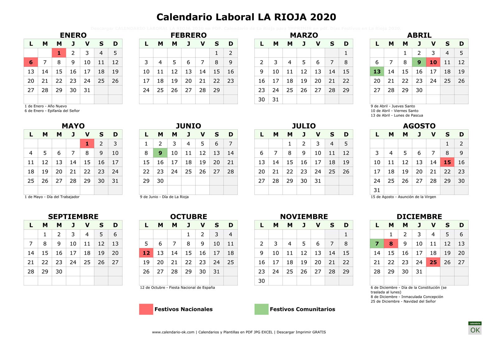 Calendario Laboral LA RIOJA 2020 horizontal