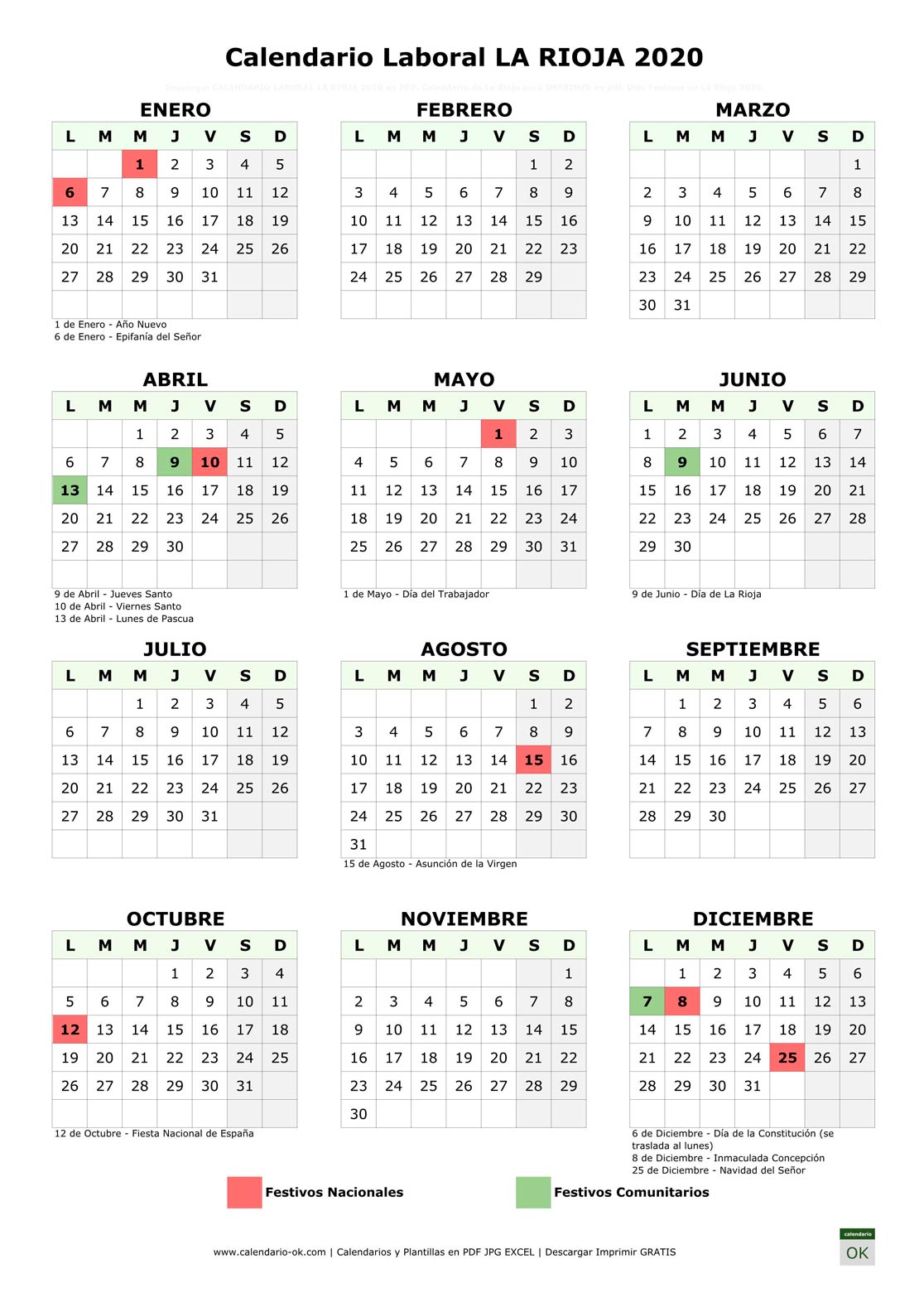 Calendario Laboral LA RIOJA 2020