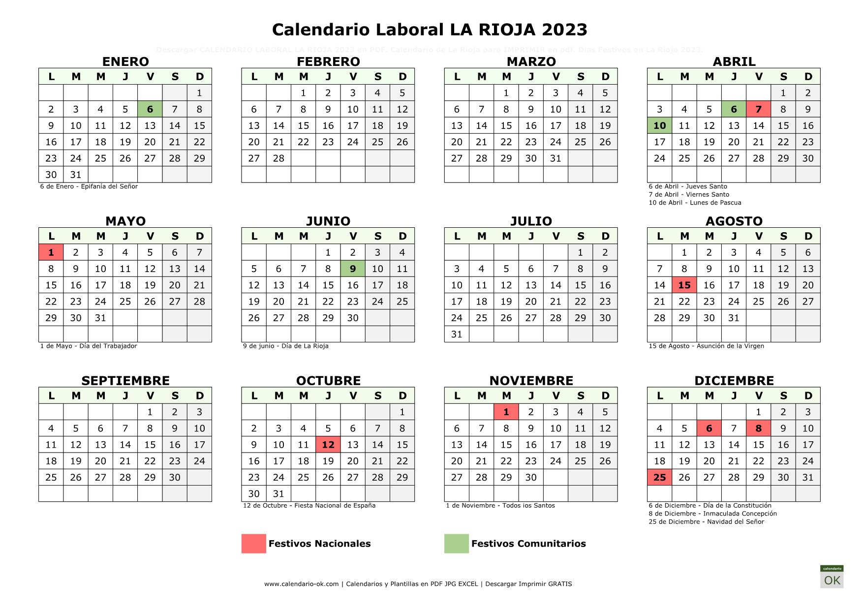 Calendario Laboral LA RIOJA 2023 horizontal
