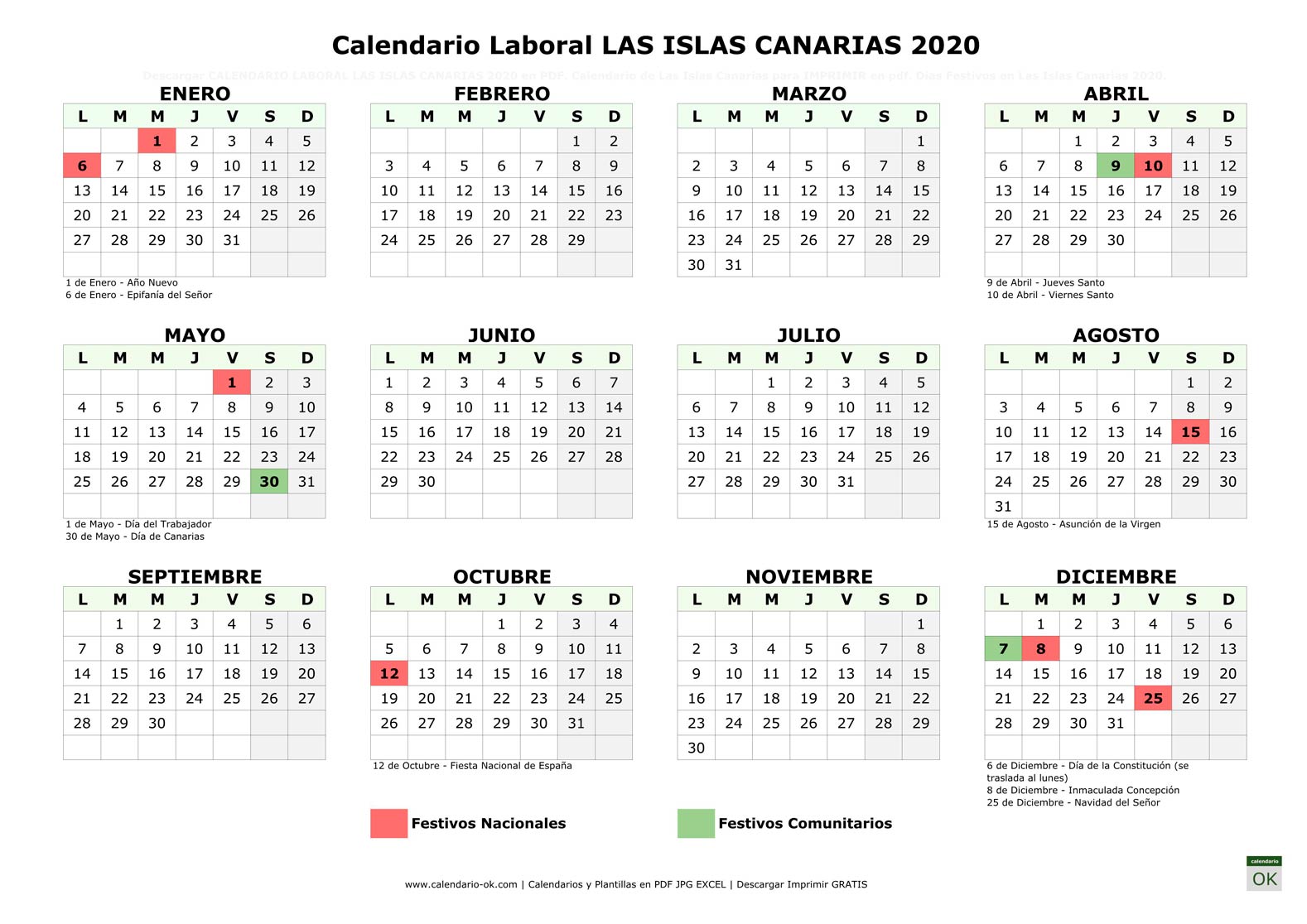 Calendario Laboral LAS ISLAS CANARIAS 2020 horizontal