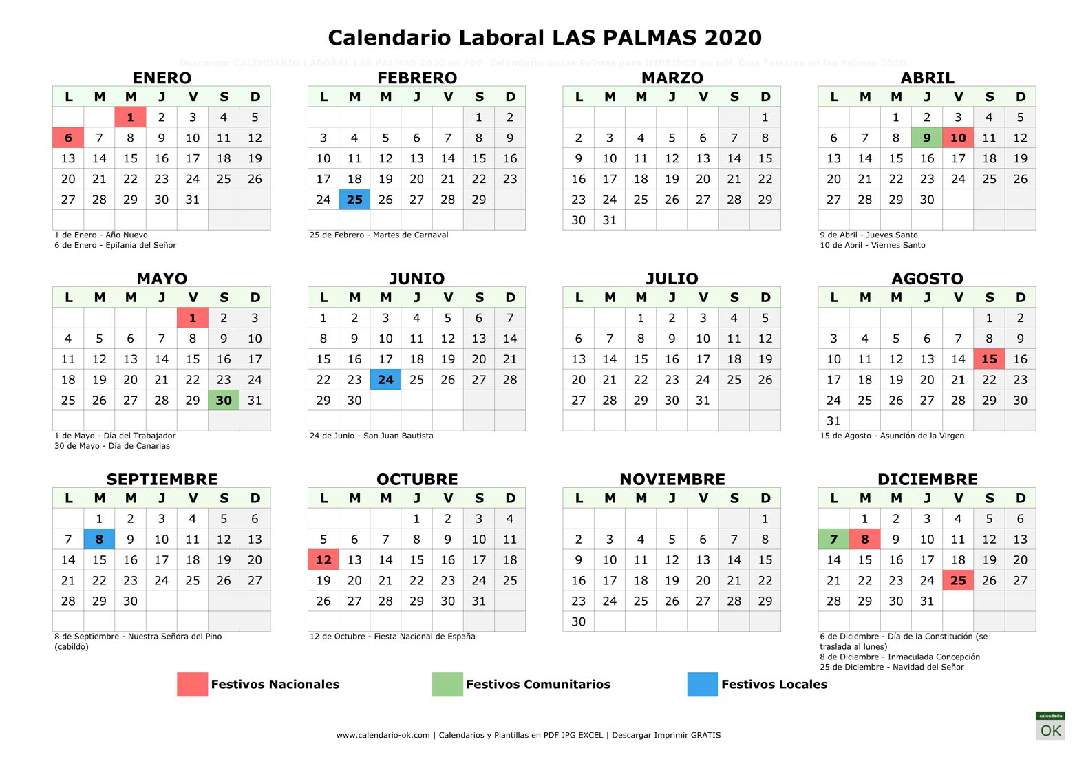 Calendario Laboral LAS PALMAS 2020 horizontal