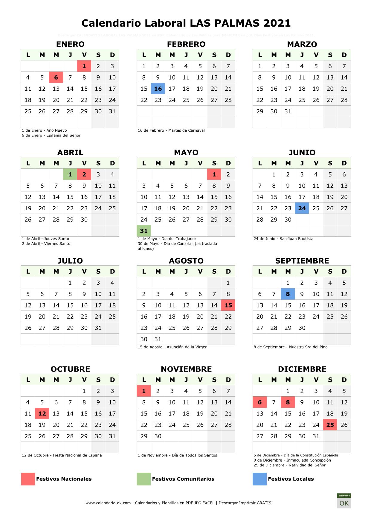 desarrollando Emborracharse Teseo ▷ Calendario Laboral 【LAS PALMAS 2021】 para IMPRIMIR