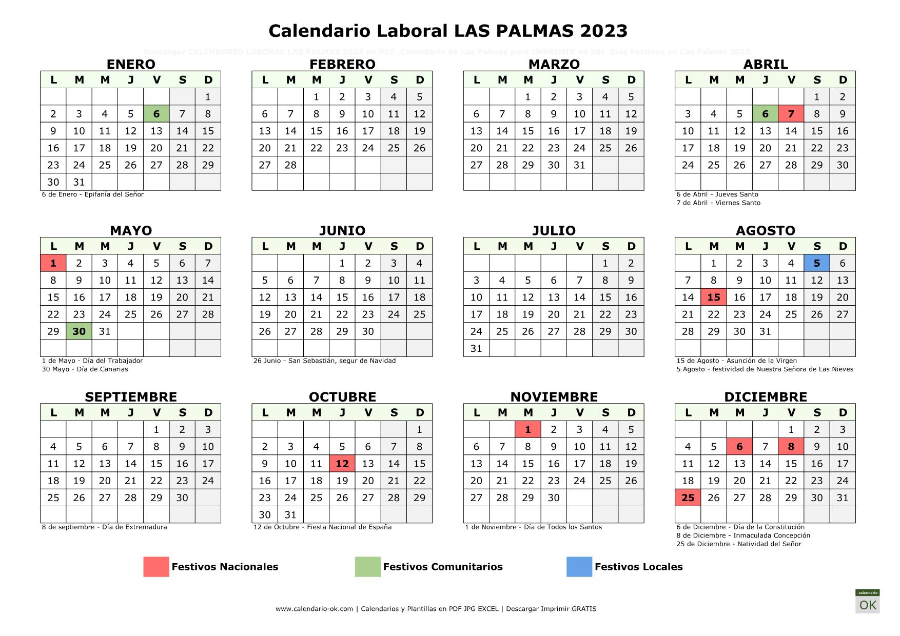 Calendario Laboral Las Palmas 2023 horizontal