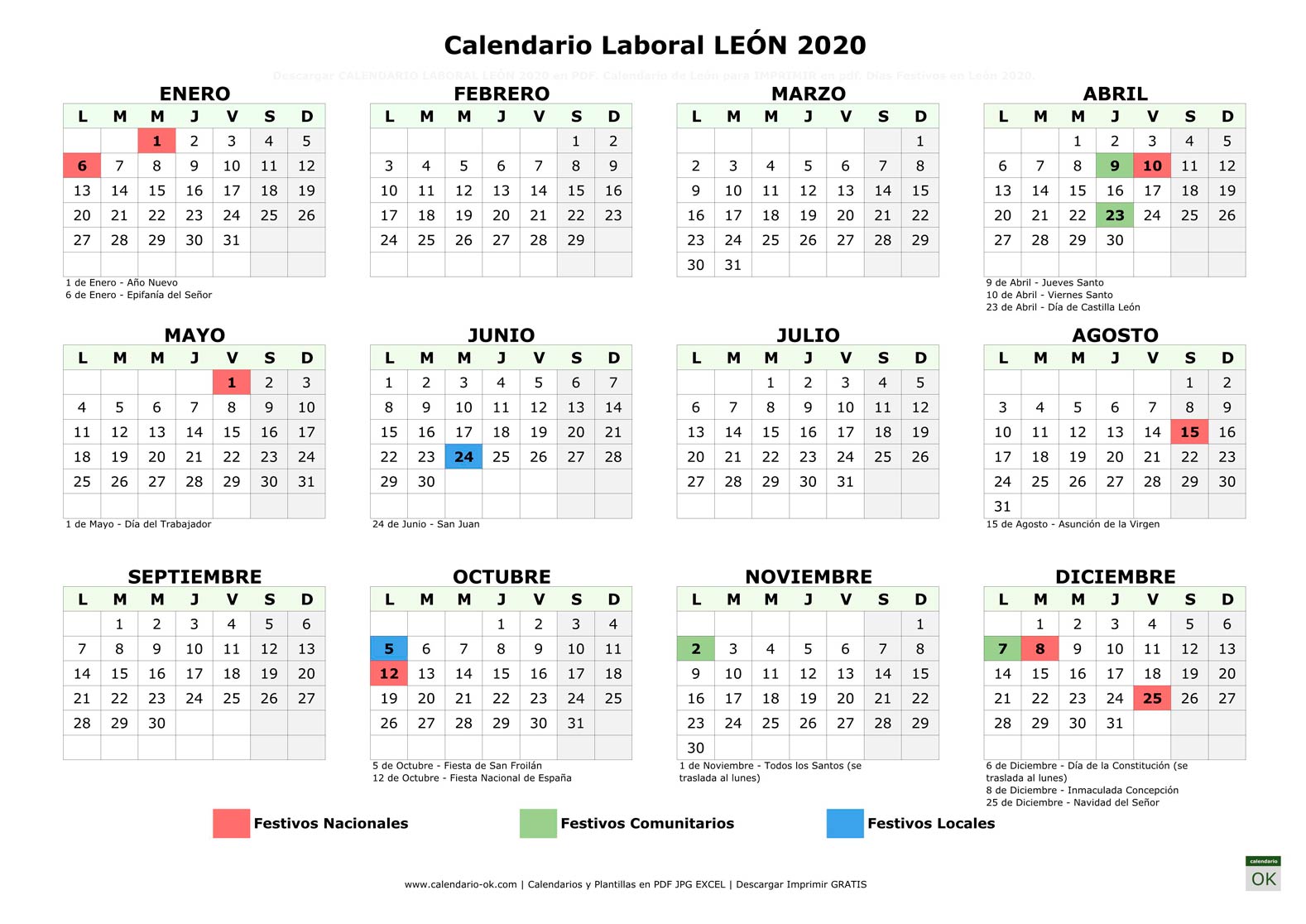 Calendario Laboral LEÓN 2020 horizontal