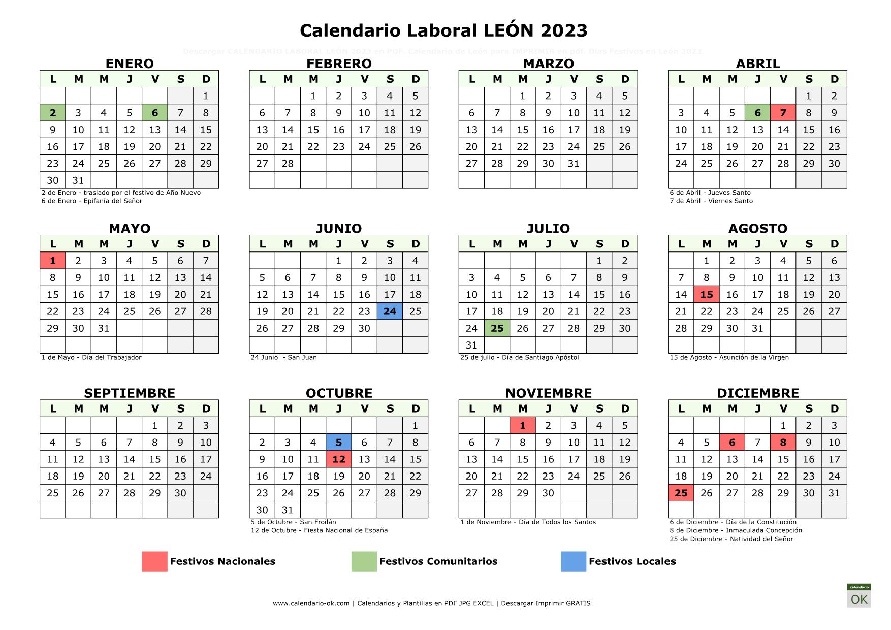 Calendario Laboral León 2023 horizontal