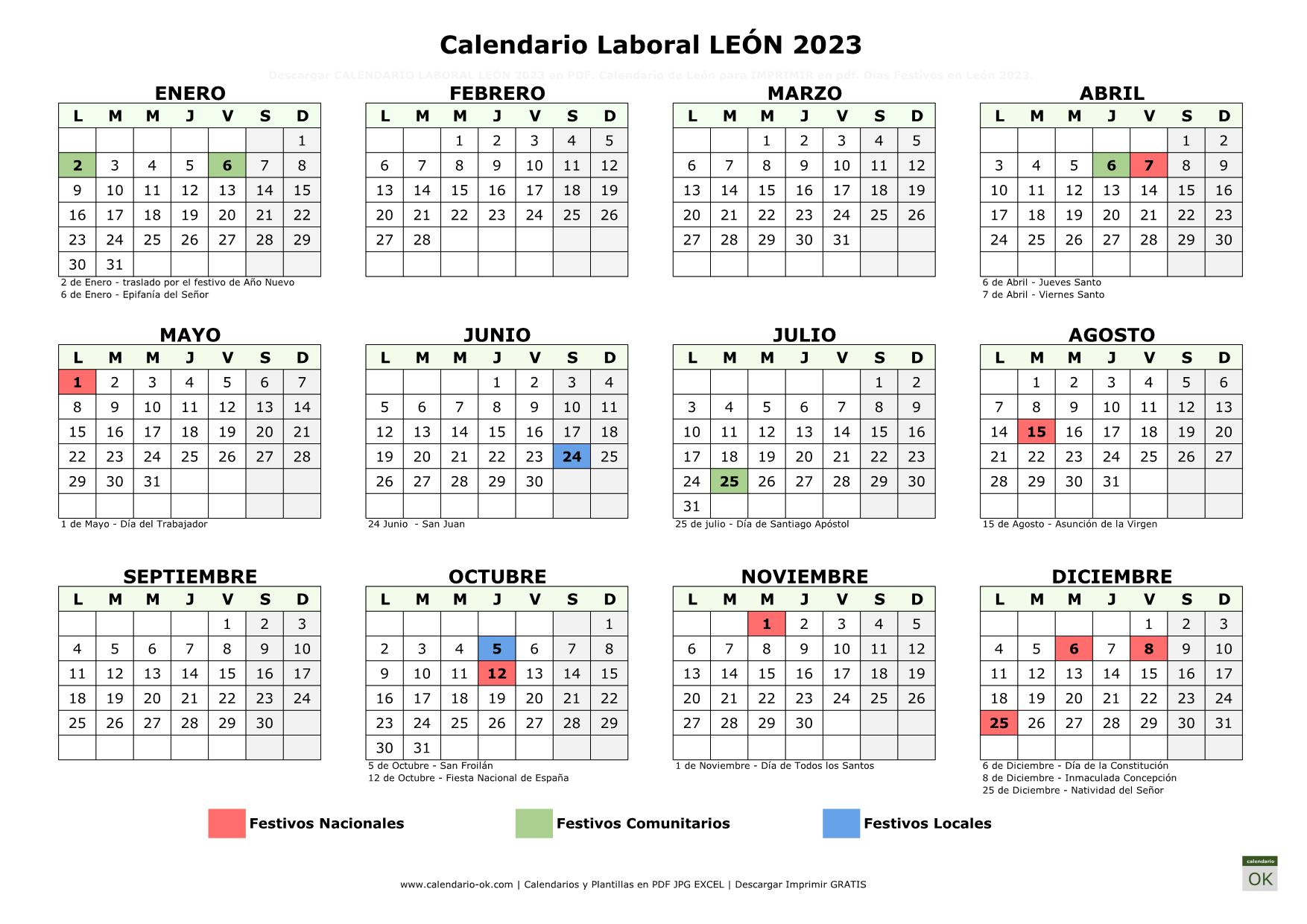 Dias Festivos Leon 2023 ▷ Calendario Laboral LEÓN 2023 con Festivos PDF