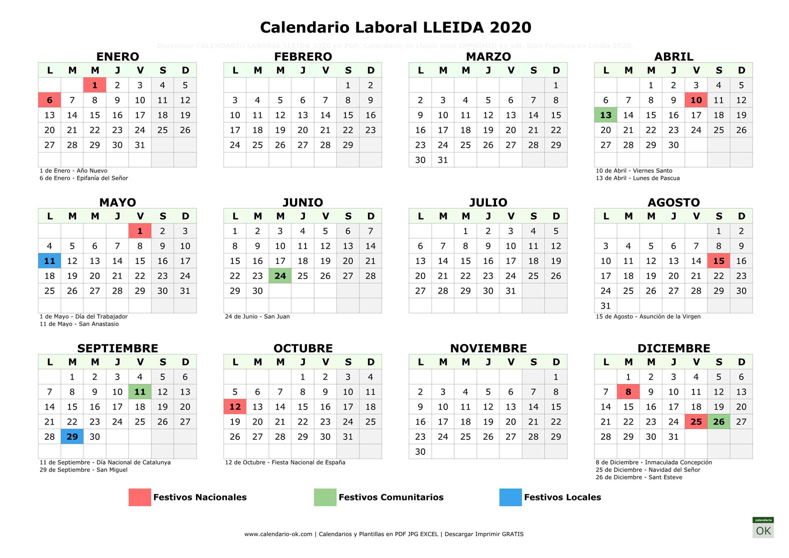 Calendario Laboral LLEIDA 2020 horizontal