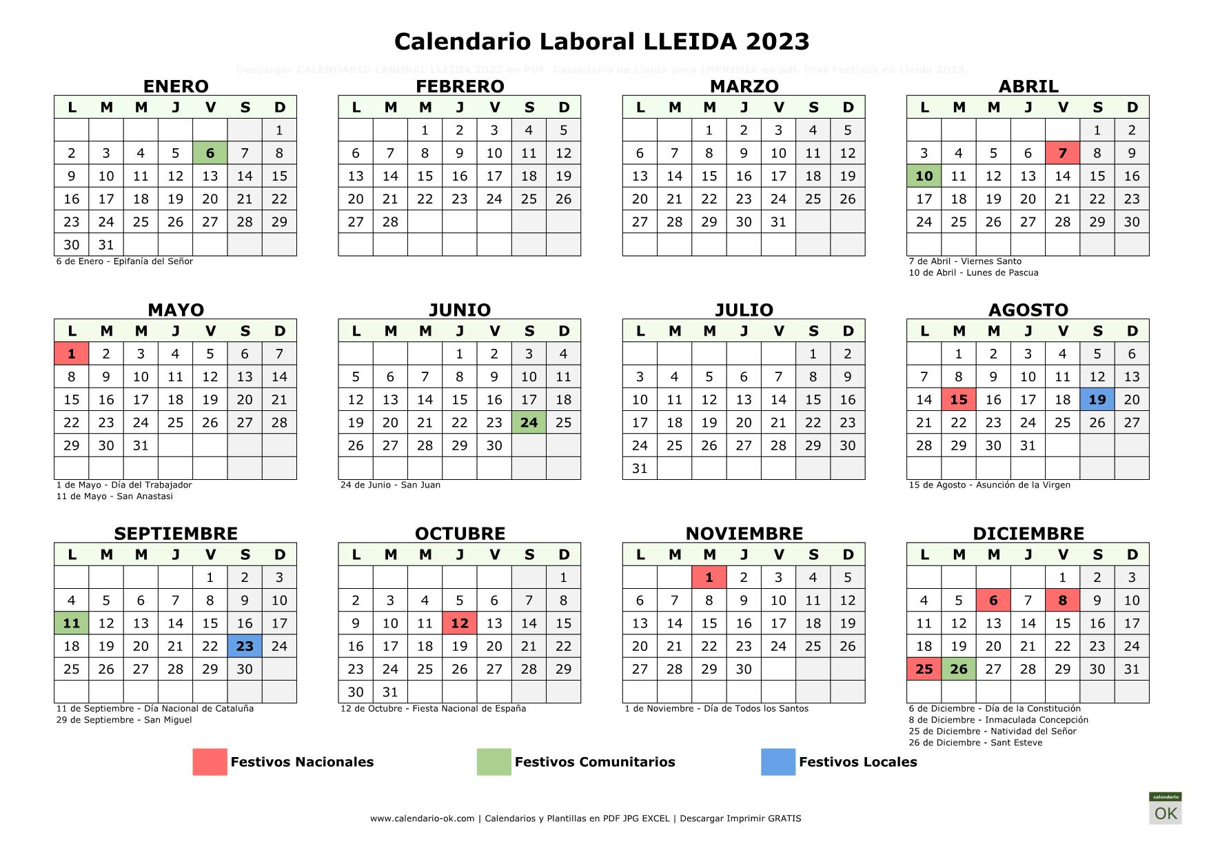 Calendario Laboral Lleida 2023 horizontal