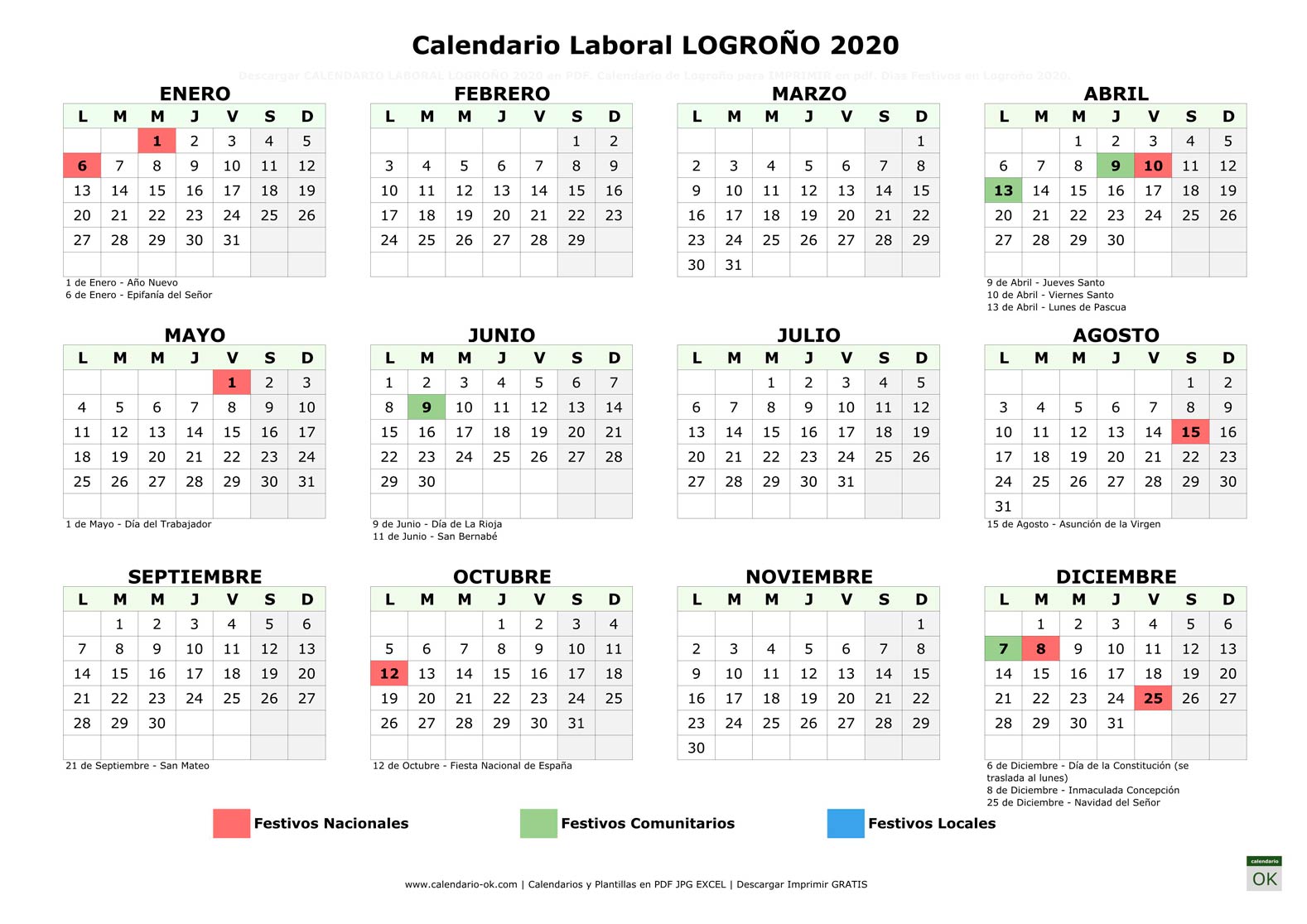 Calendario Laboral LOGROÑO 2020 horizontal