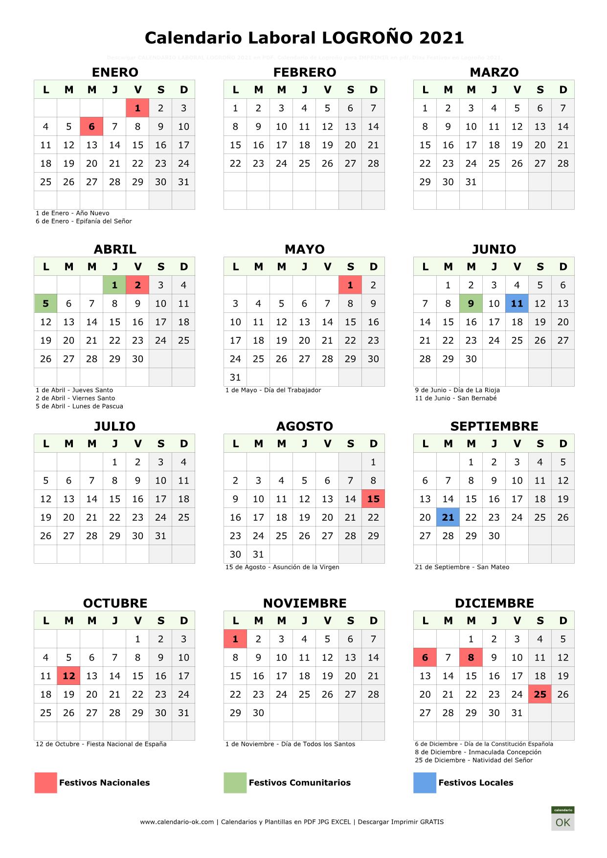Festivos La Rioja 2023 ▷ Calendario Laboral 【LOGROÑO 2021】 para IMPRIMIR