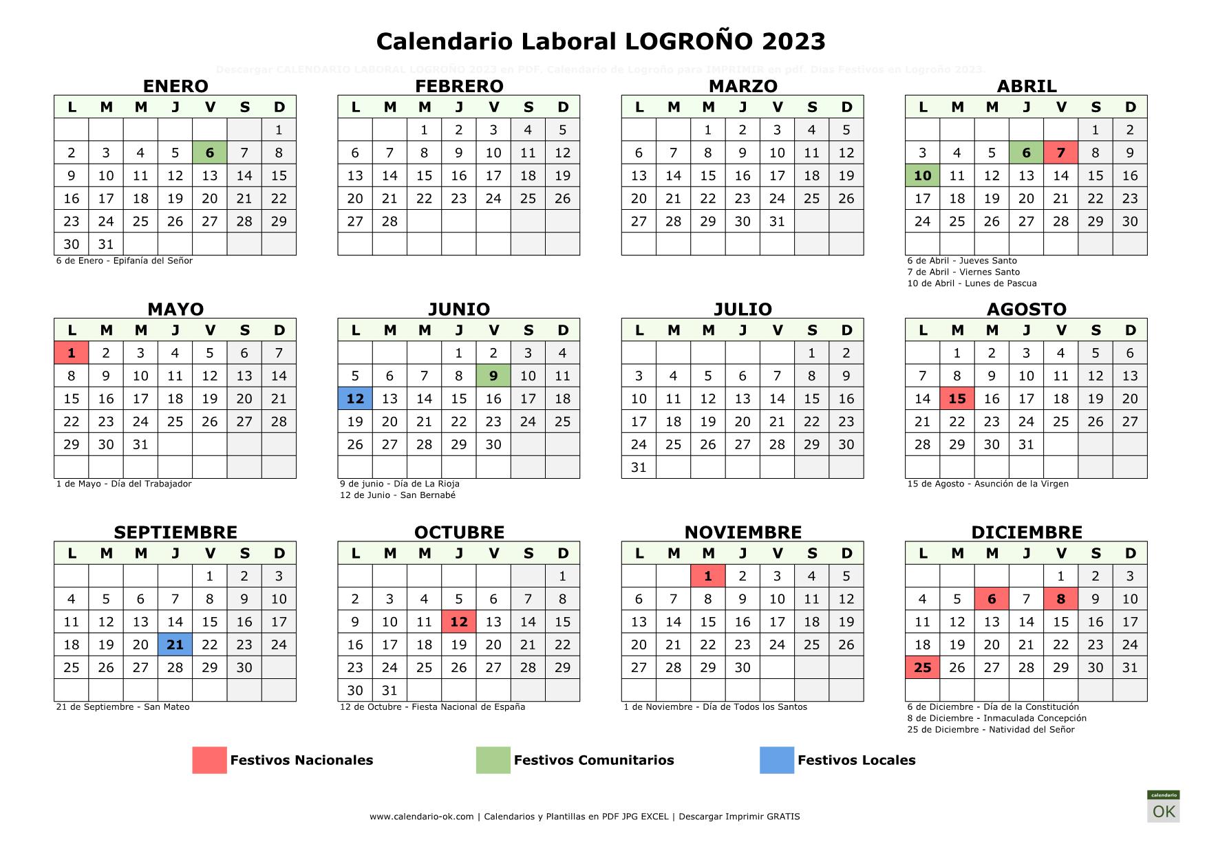 Calendario Laboral Logroño 2023 horizontal
