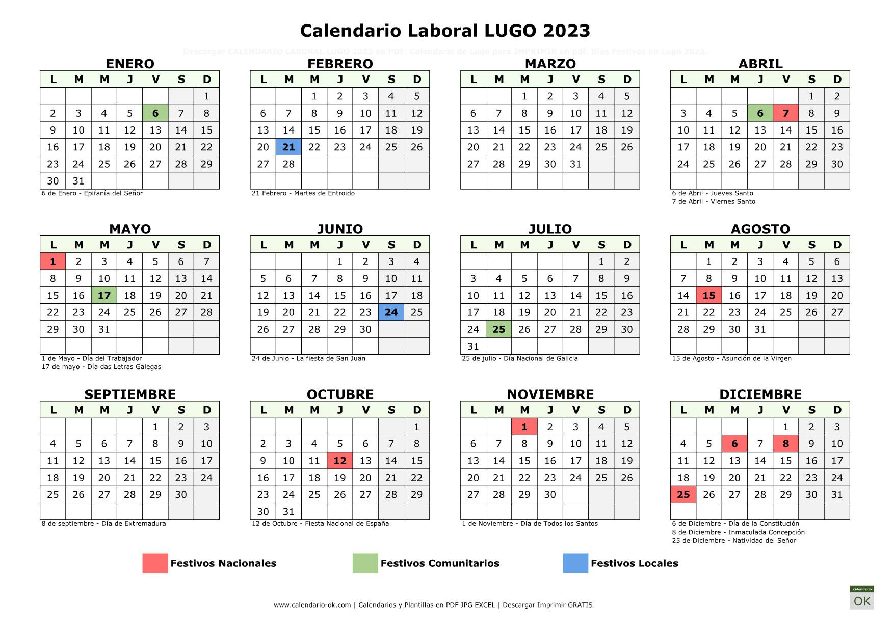 Calendario Laboral Lugo 2023 horizontal