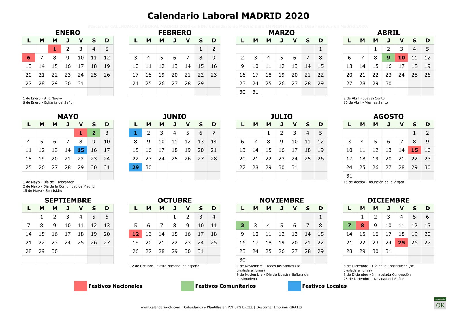 Calendario Laboral MADRID 2020 horizontal