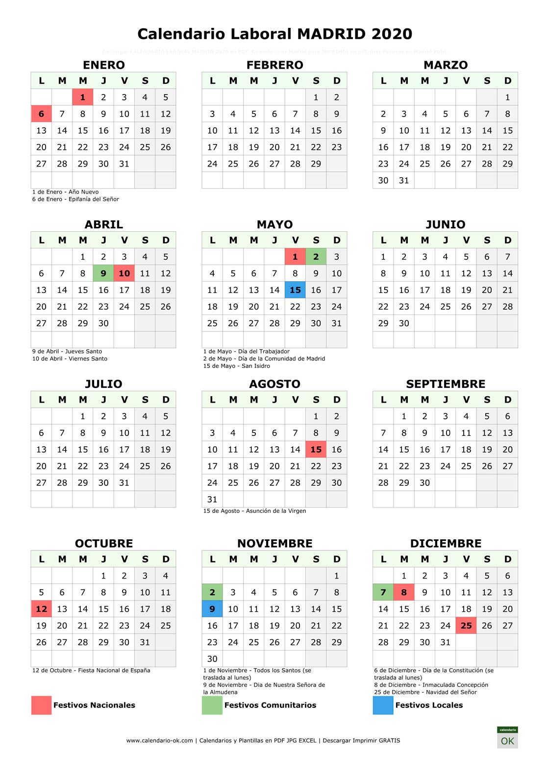 Calendario Laboral MADRID 2020