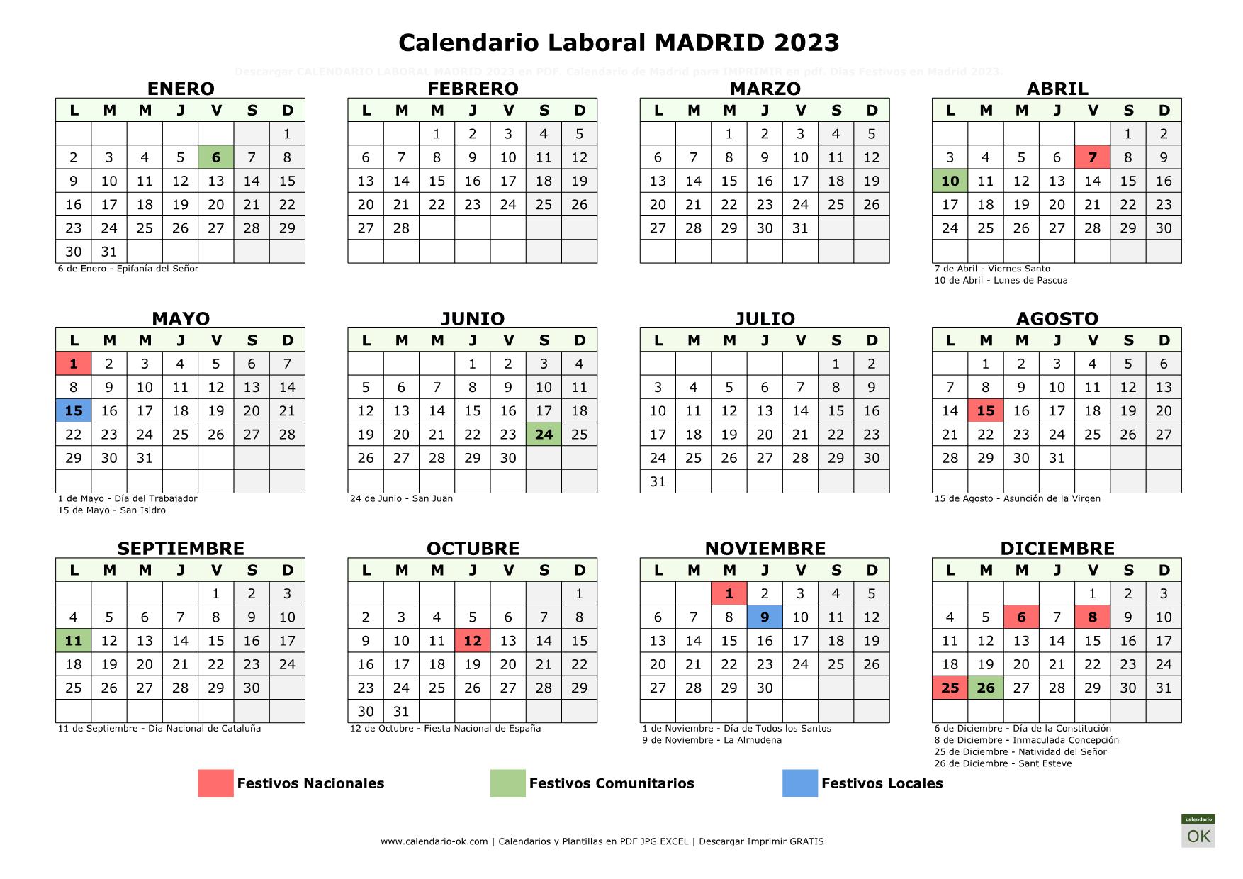 Calendario Laboral Madrid 2023 horizontal