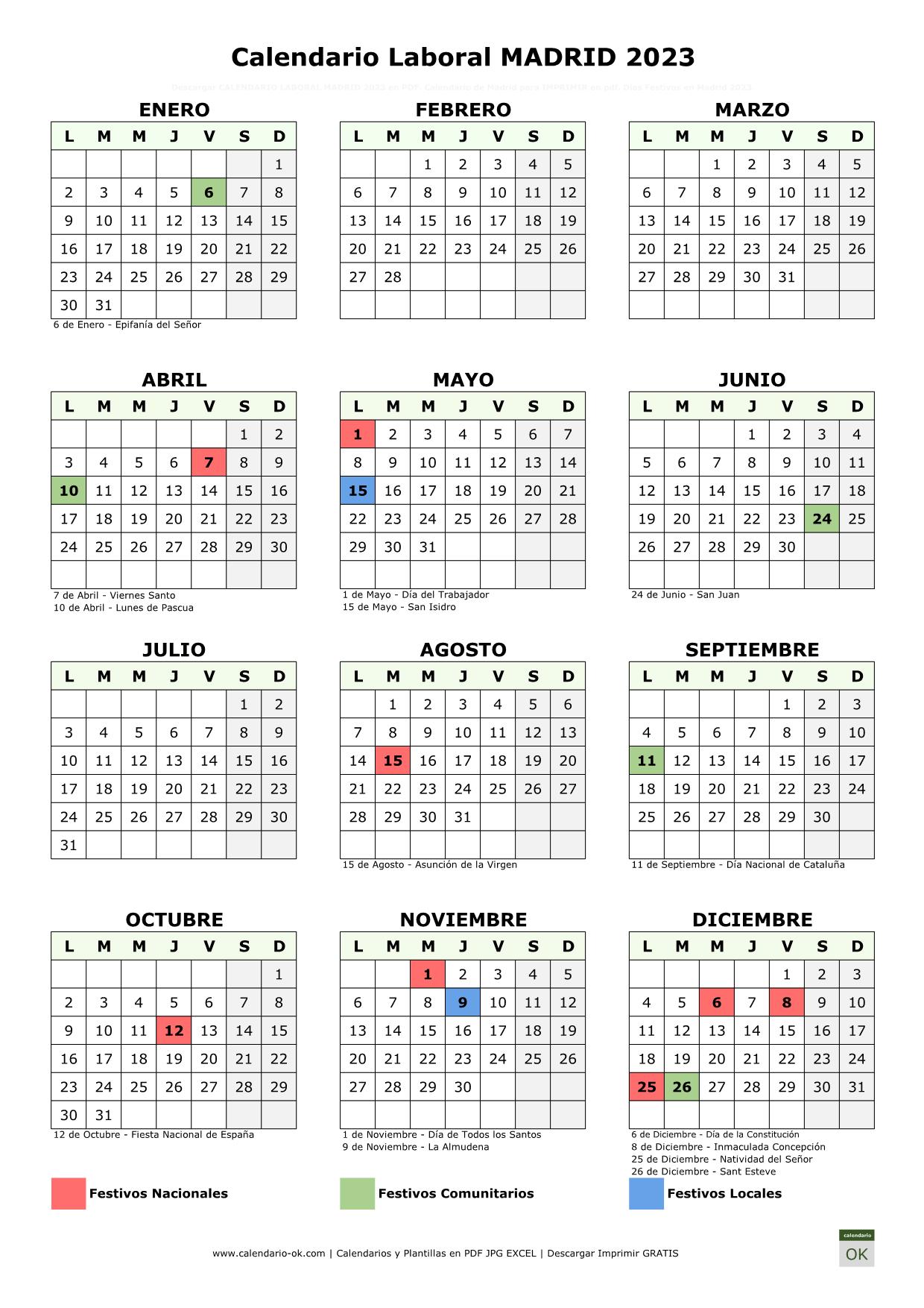 Feriados De Madrid 2023 ▷ Calendario Laboral MADRID 2023 | Para Imprimir