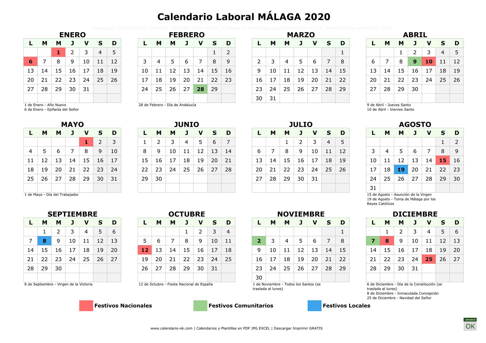 Calendario Laboral MÁLAGA 2020 horizontal