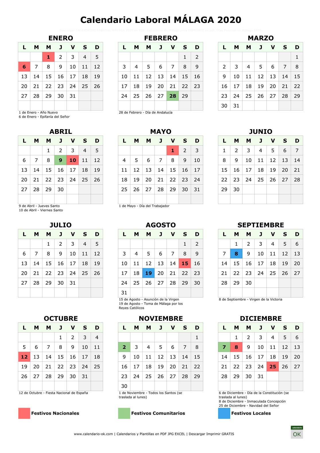 Calendario Laboral MÁLAGA 2020