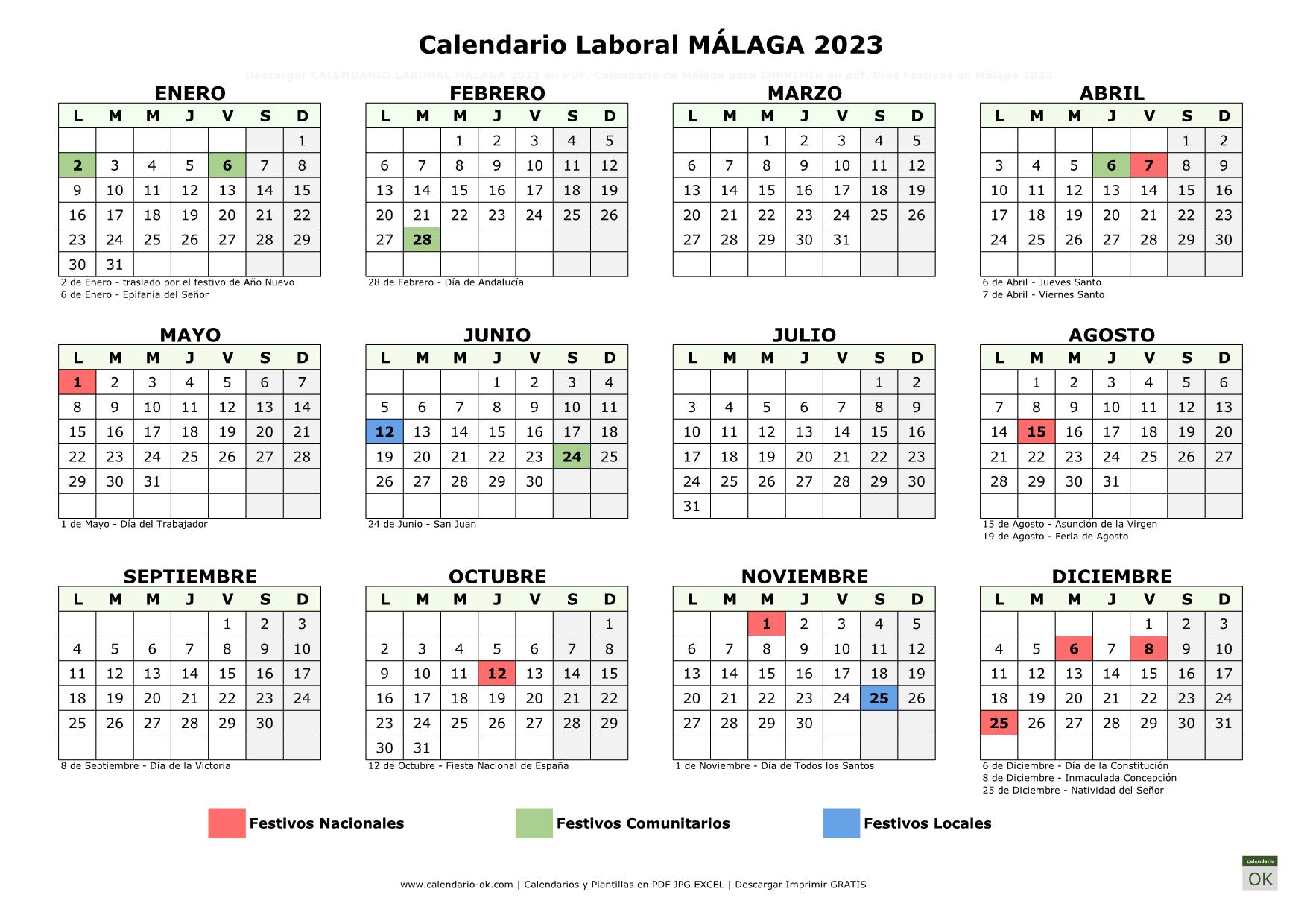 Calendario Laboral Málaga 2023 horizontal