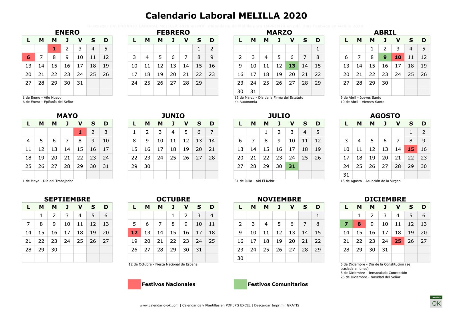 Calendario Laboral CIUDAD MELILLA 2020 horizontal