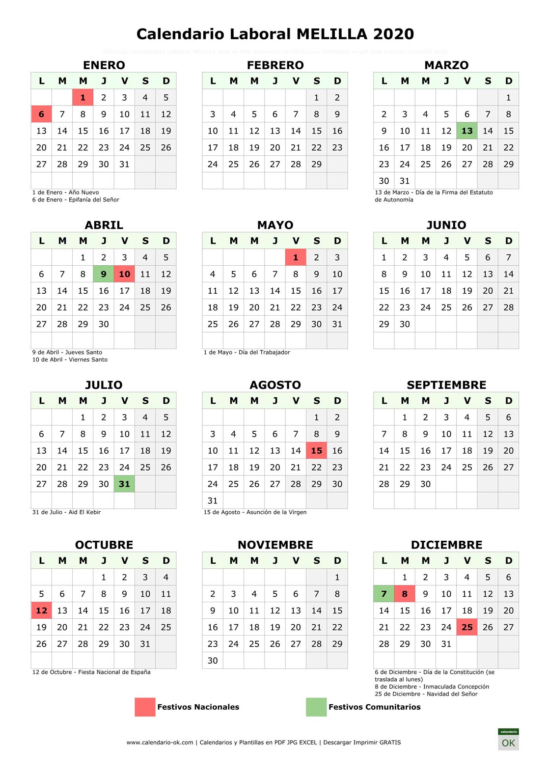 Calendario Laboral CIUDAD MELILLA 2020