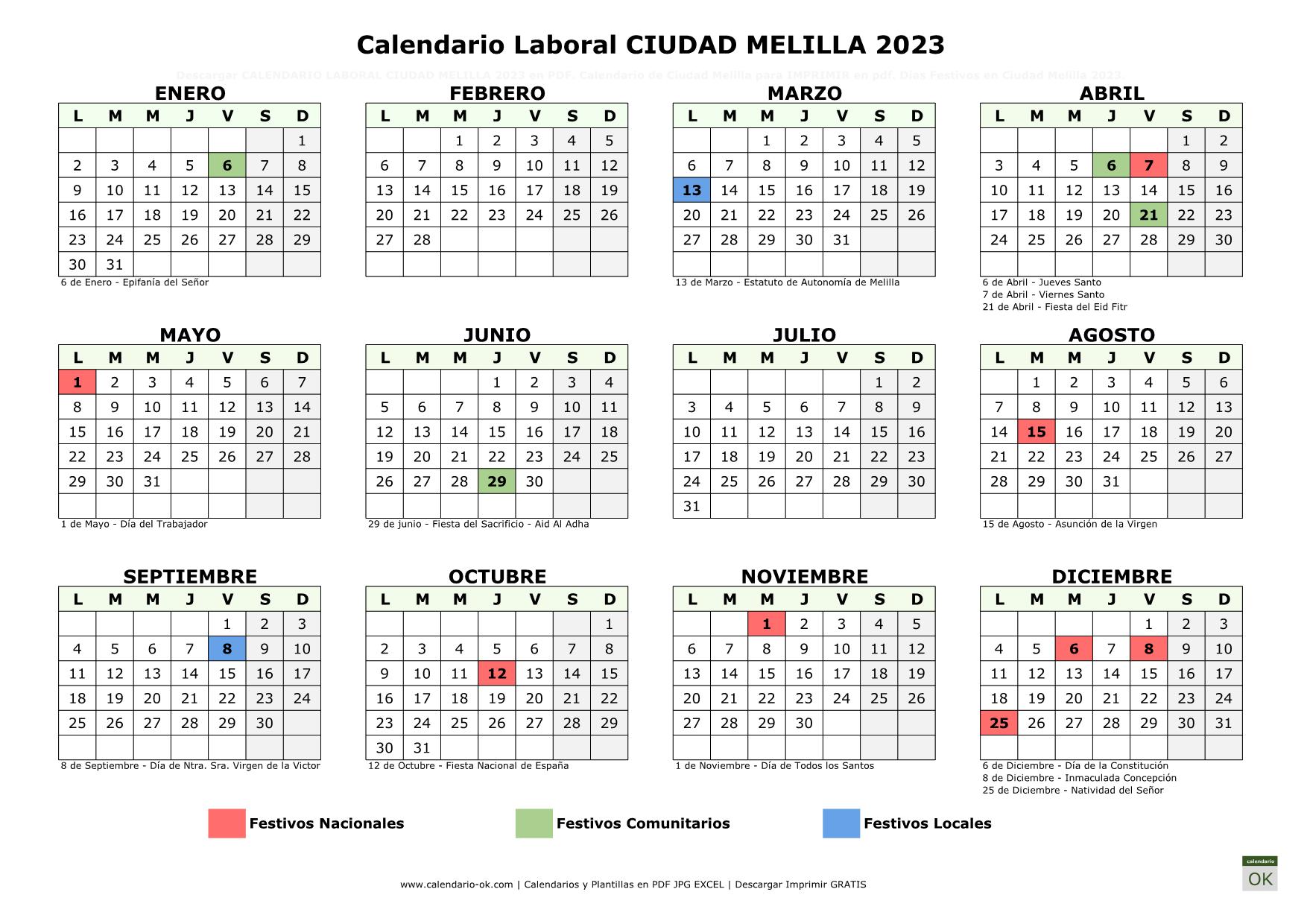 Calendario Laboral MELILLA 2023 horizontal