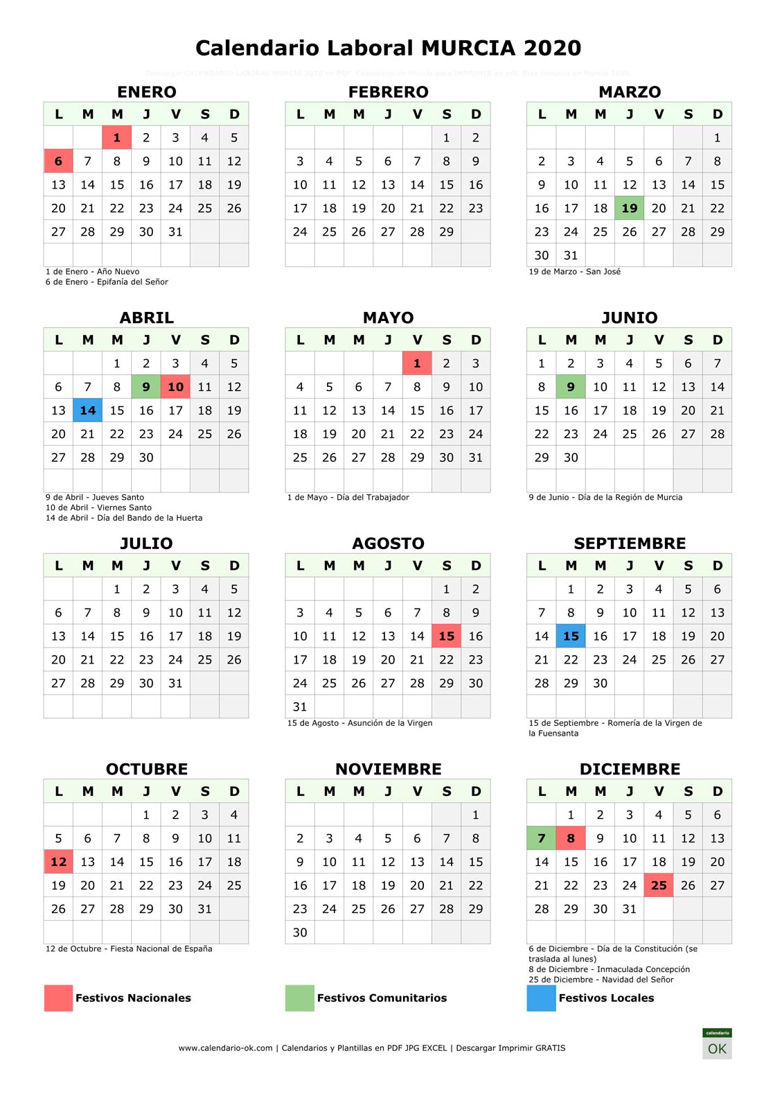 Dias Festivos En Murcia ▷ Calendario Laboral 【MURCIA 2020】 para IMPRIMIR