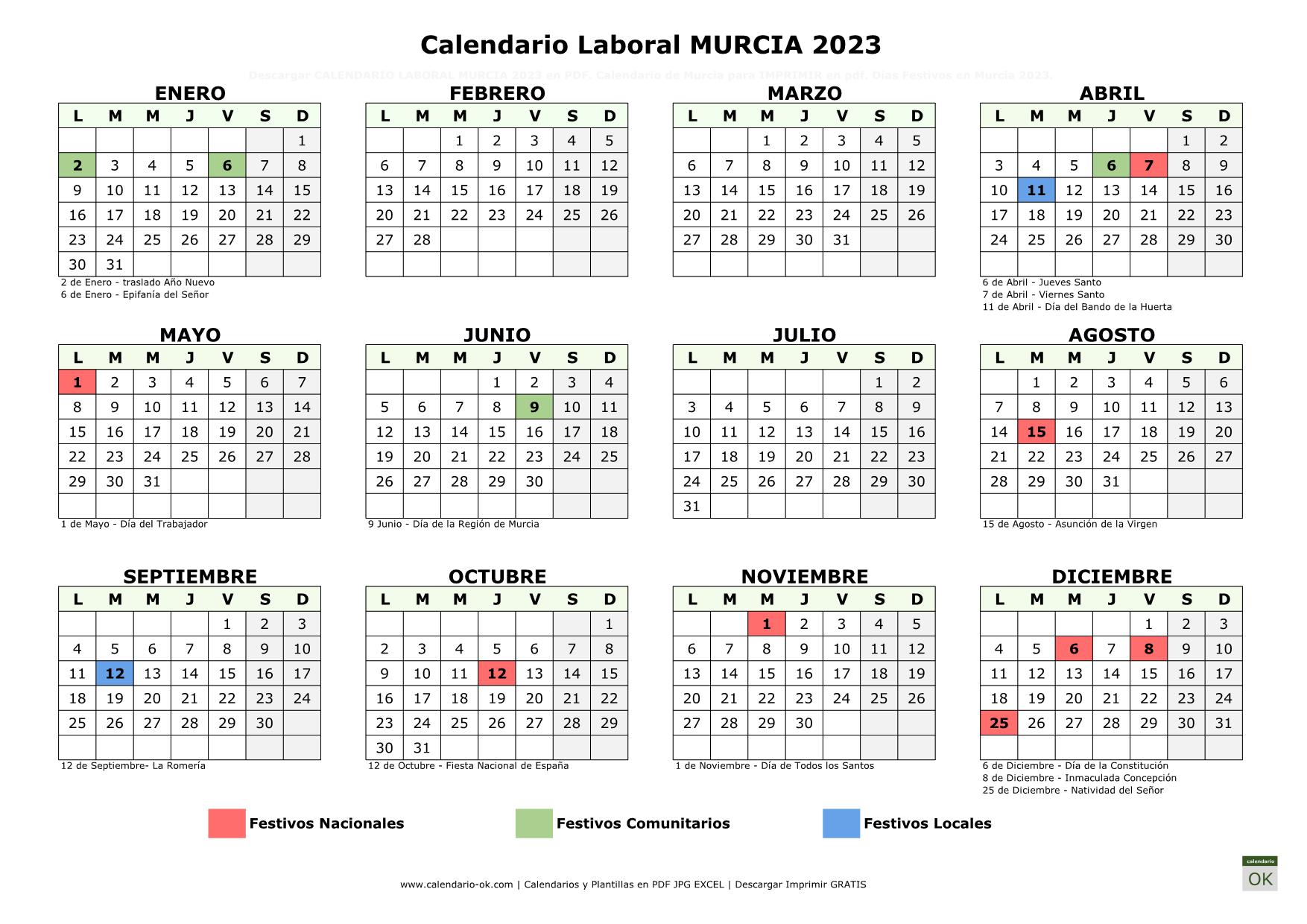 Calendario Laboral MURCIA 2023 horizontal
