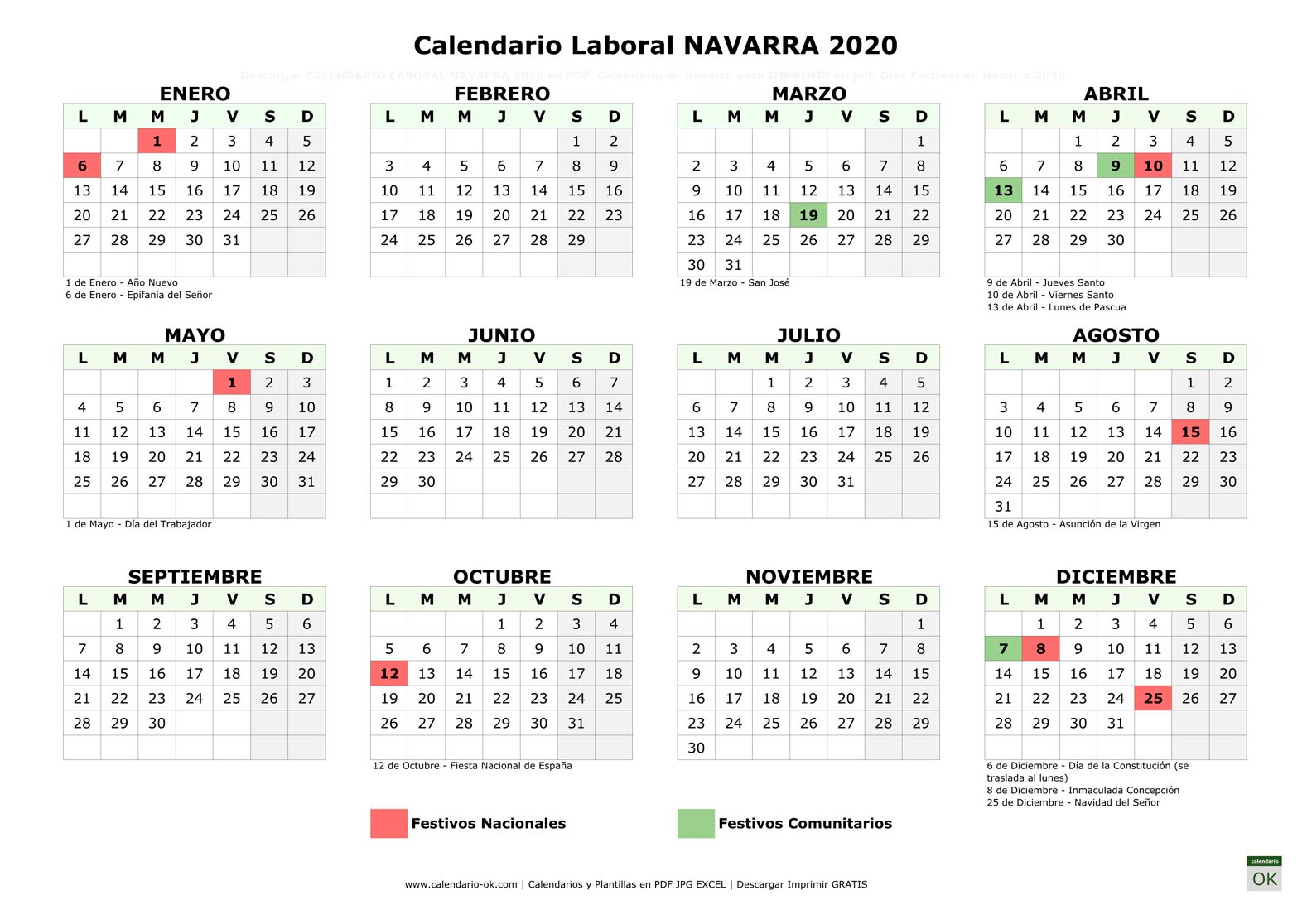 Calendario Laboral NAVARRA 2020 horizontal