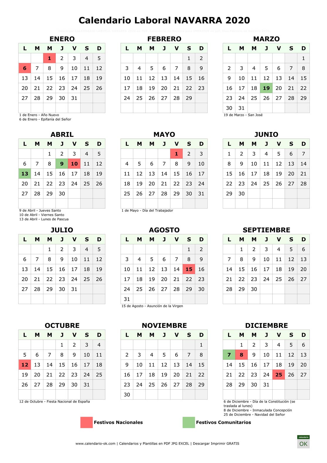 Calendario Laboral NAVARRA 2020