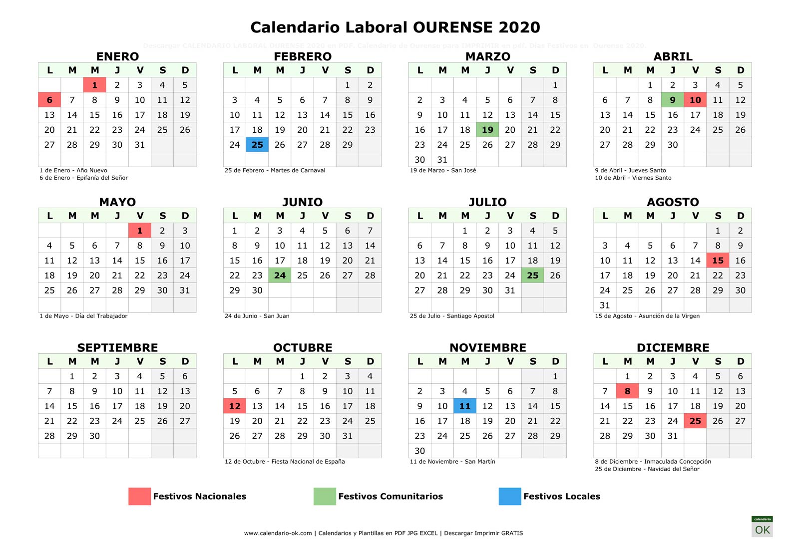 Calendario Laboral OURENSE 2020 horizontal