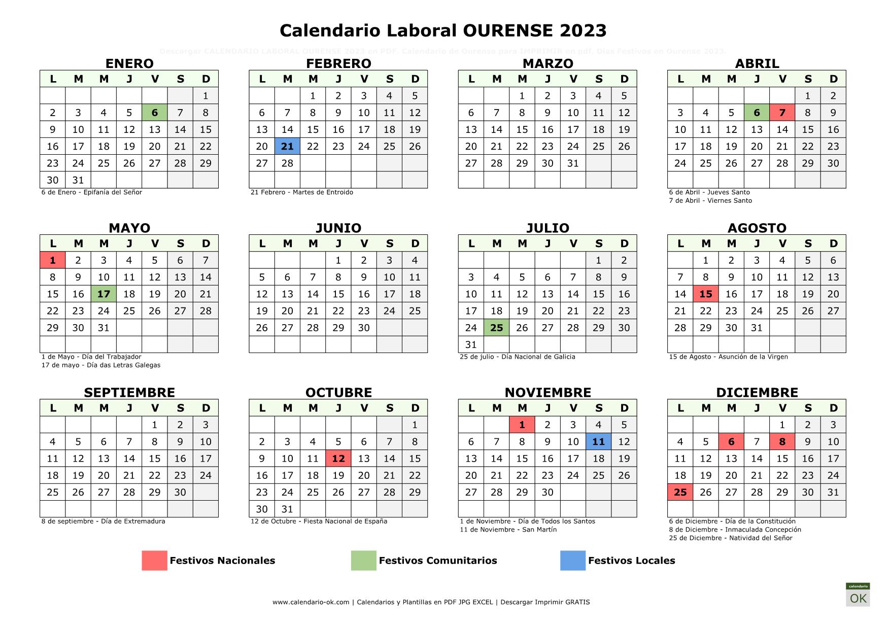 Calendario Laboral Ourense 2023 horizontal
