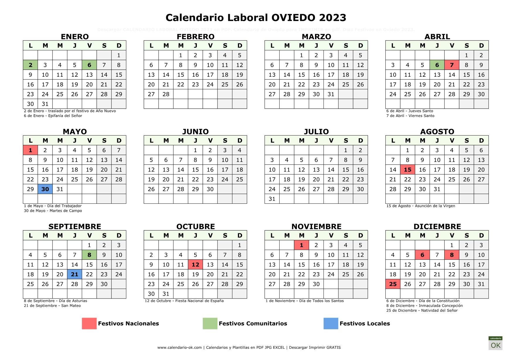Calendario Laboral Oviedo 2023 horizontal