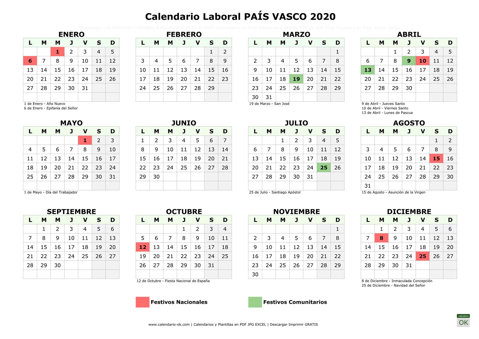 Calendario Laboral PAÍS VASCO 2020 horizontal